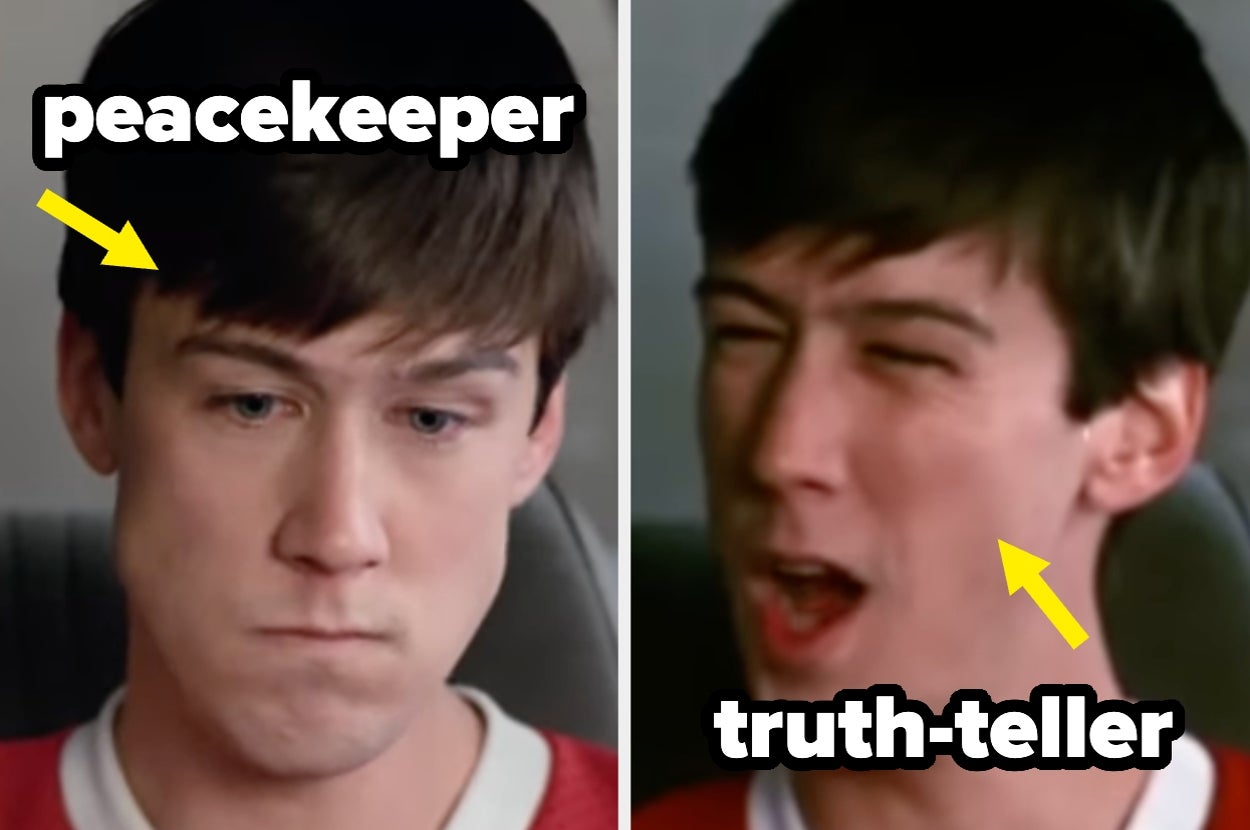 Split image of Alan Ruck in "Ferris Bueller's Day Off," text overlays with yellow arrows: peacekeeper / truth-teller
