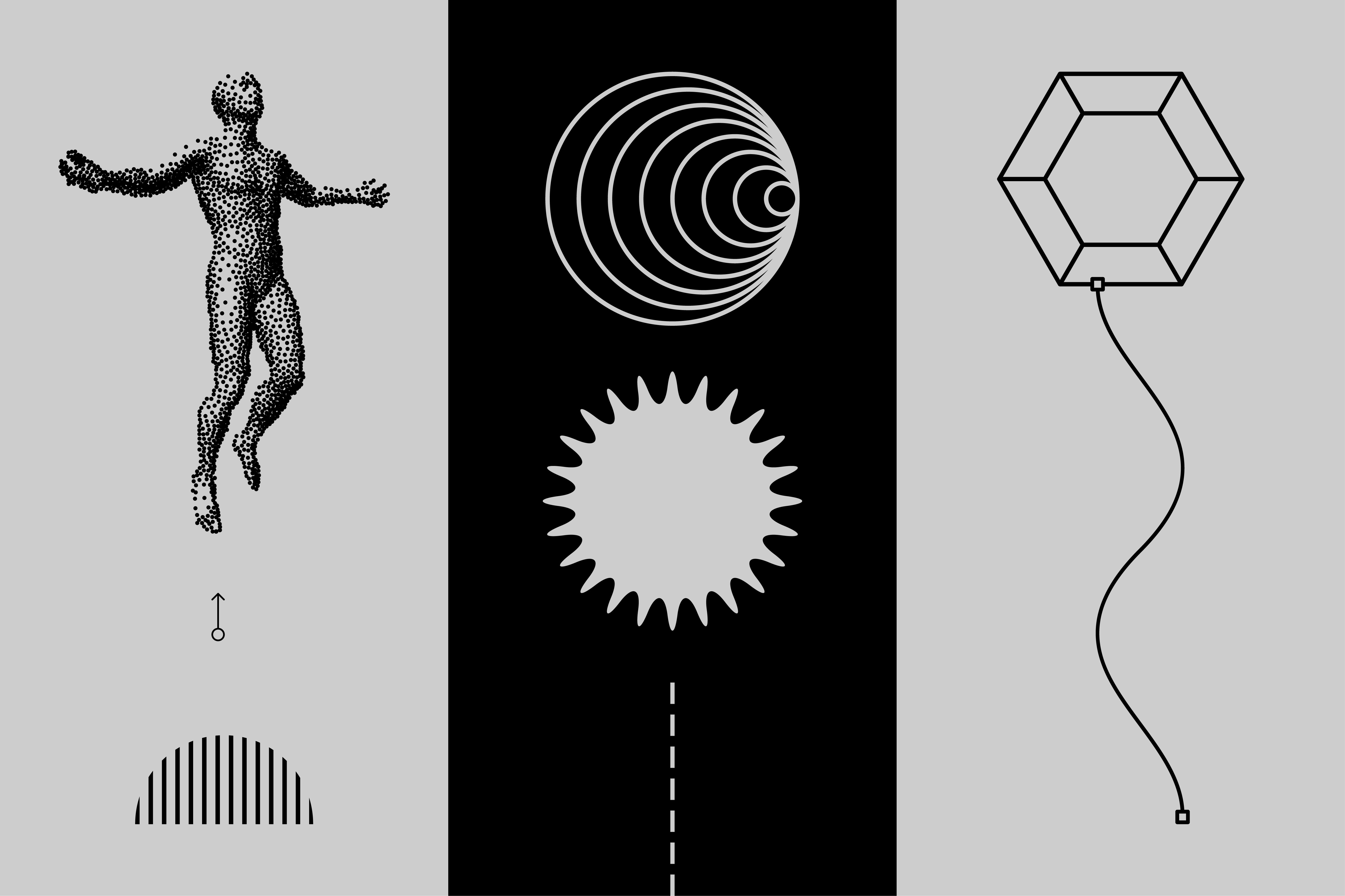 Abstract geometric artwork featuring a dotted figure, concentric circles, a sun-like shape, and a geometric kite on a gray background