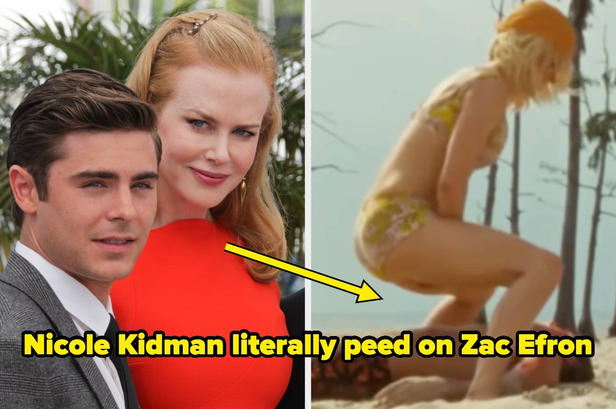 Side by side: Nicole Kidman posing with Zac Efron on left; film scene on right showing a woman crouching on sand