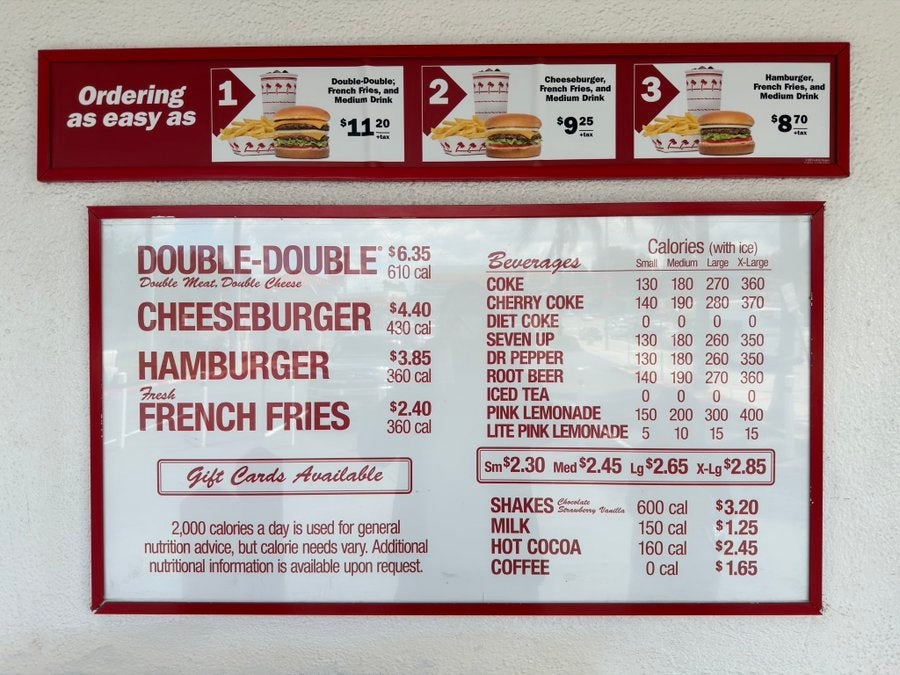  Double-Double, Cheeseburger, and Hamburger. Calories listed adjacent  to items