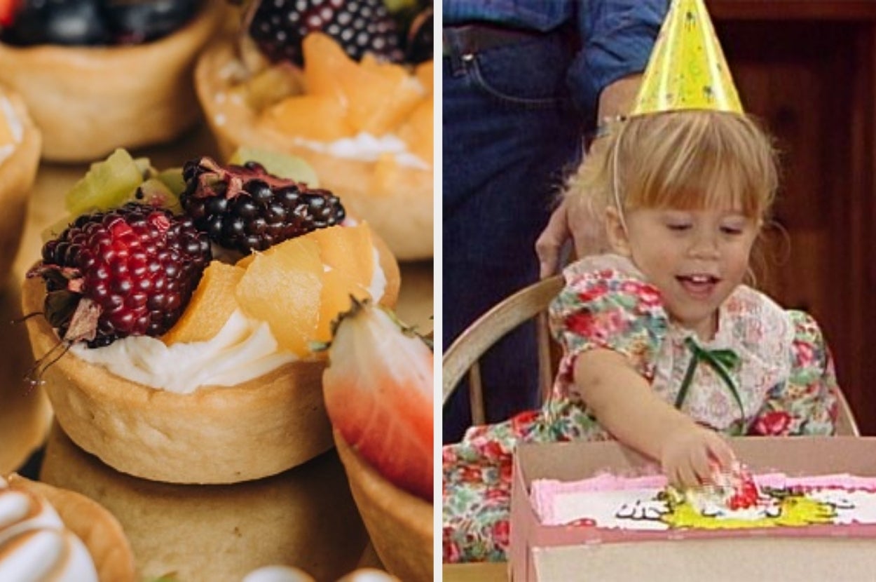 Left: Assorted fruit tarts with creamy filling. Right: A child in a party hat reaches for a cake