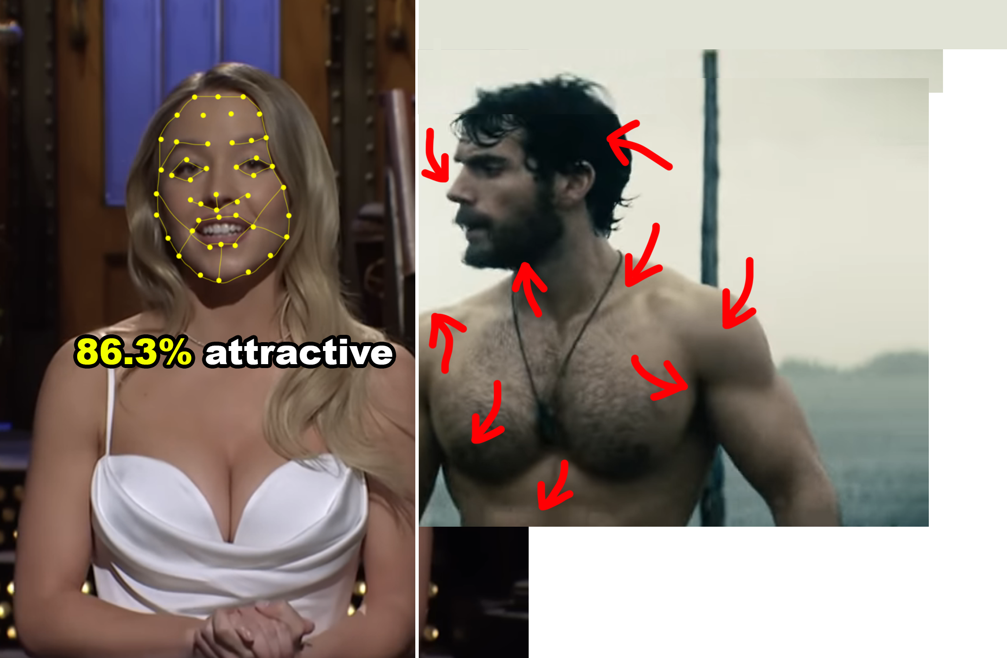 Left: Sydney Sweeney in a white gown with a digital face scanner over her face, along with a shirtless Henry Cavill and a bunch of red arrows pointing to parts of his body