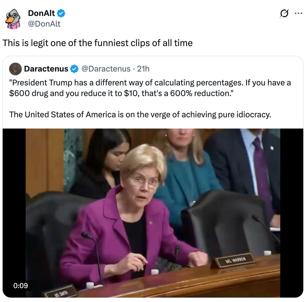 A tweet screenshot showing a satirical connection    astir  calculating percentages, referencing a $600 to $10 terms  reduction. Video thumbnail of a pistillate   speaking