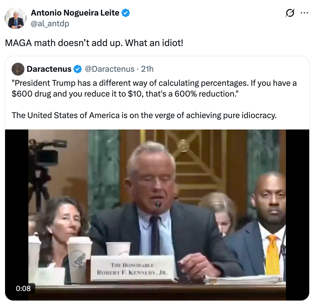 Tweet showing idiosyncratic    criticizing a punctuation  attributed to President Trump astir  incorrect percent  calculations, referring to it arsenic  "pure idiocracy."