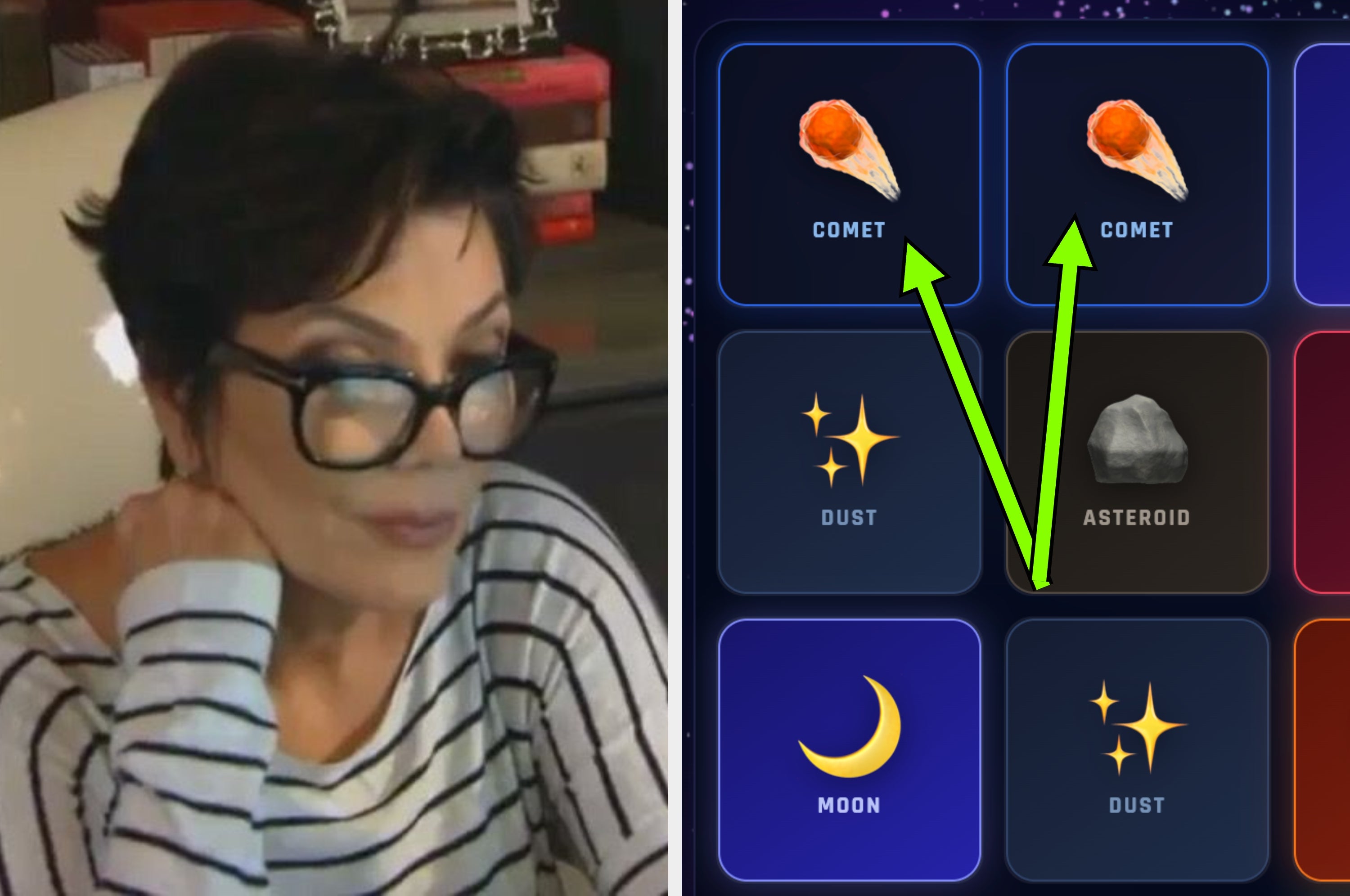 Person reacting intensely beside a game grid with moons, comets, and asteroids. Arrows indicate movements between grid items
