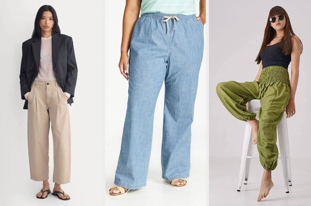 Three models showcase different pants styles: tailored with a blazer, casual drawstring, and boho chic with a shirred top