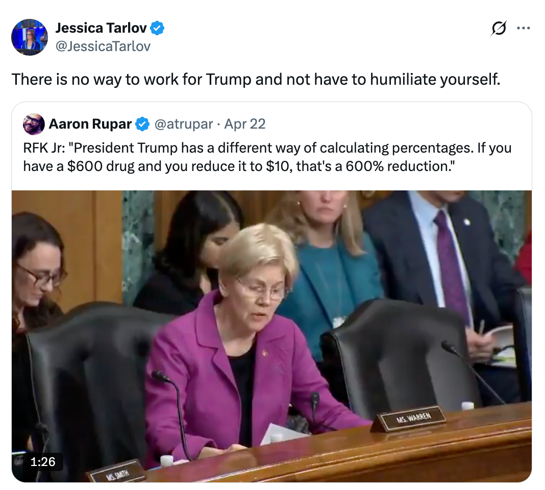Senator Warren reads a papers  during a hearing. A tweet supra  mocks RFK Jr.'s mathematics  related to Trump and cause   pricing