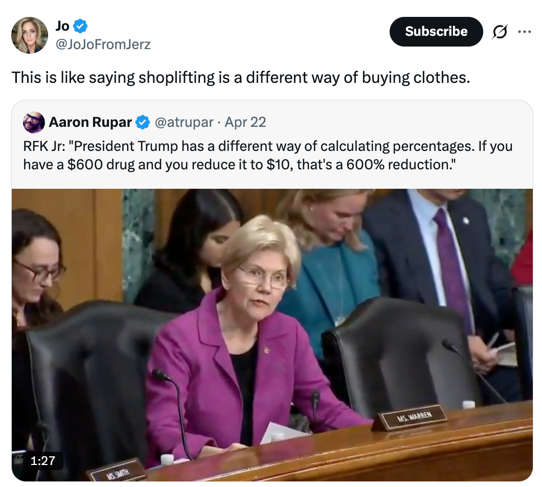 Screenshot of a tweet by Jo astir  shoplifting, quoting Aaron Rupar's tweet astir  RFK Jr.'s remark  connected  Trump's mode   of reducing cause   prices