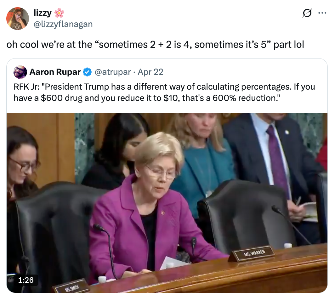 Senator Warren sits astatine  a hearing, surrounded by others. A tweet overlays the image, commenting humorously connected  RFK Jr.'s punctuation  astir  percent  reduction