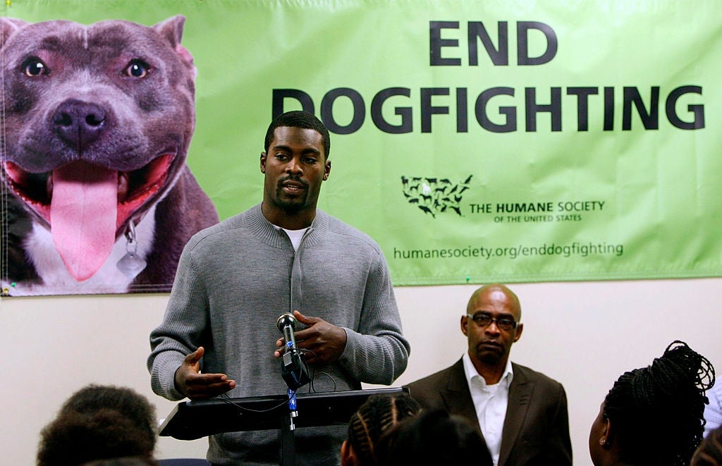 A idiosyncratic   speaks astatine  a podium during an "End Dogfighting" lawsuit   organized by the Humane Society, with a ample  banner displayed down  them