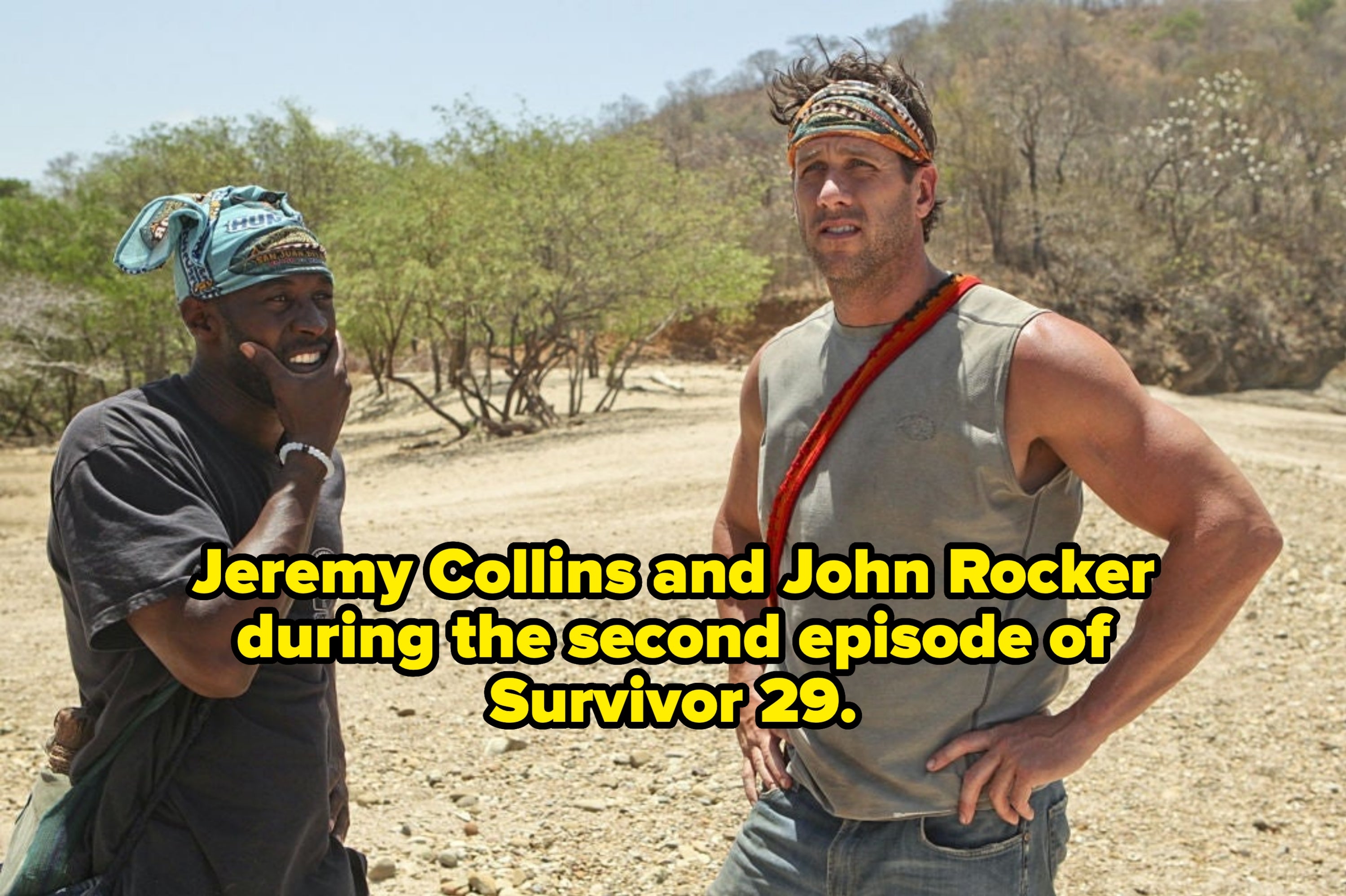 Two men outdoors, 1  wearing a bandana, some  lasting  with relaxed postures. They look  to beryllium  discussing oregon  contemplating. Desert scenery  successful  background
