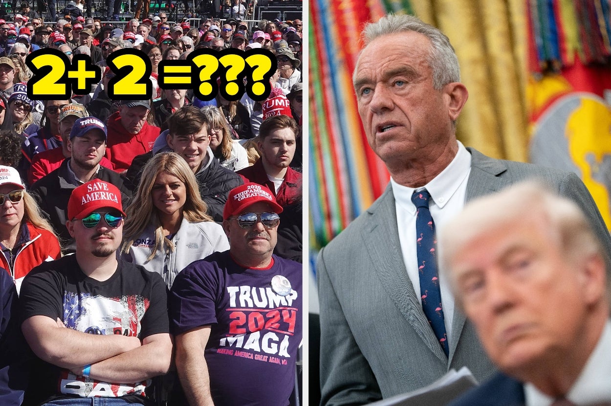 A crowd wearing "Trump" attire is on the left; on the right, a man in a gray suit appears concerned. Large text on the left asks, "2+2=???"