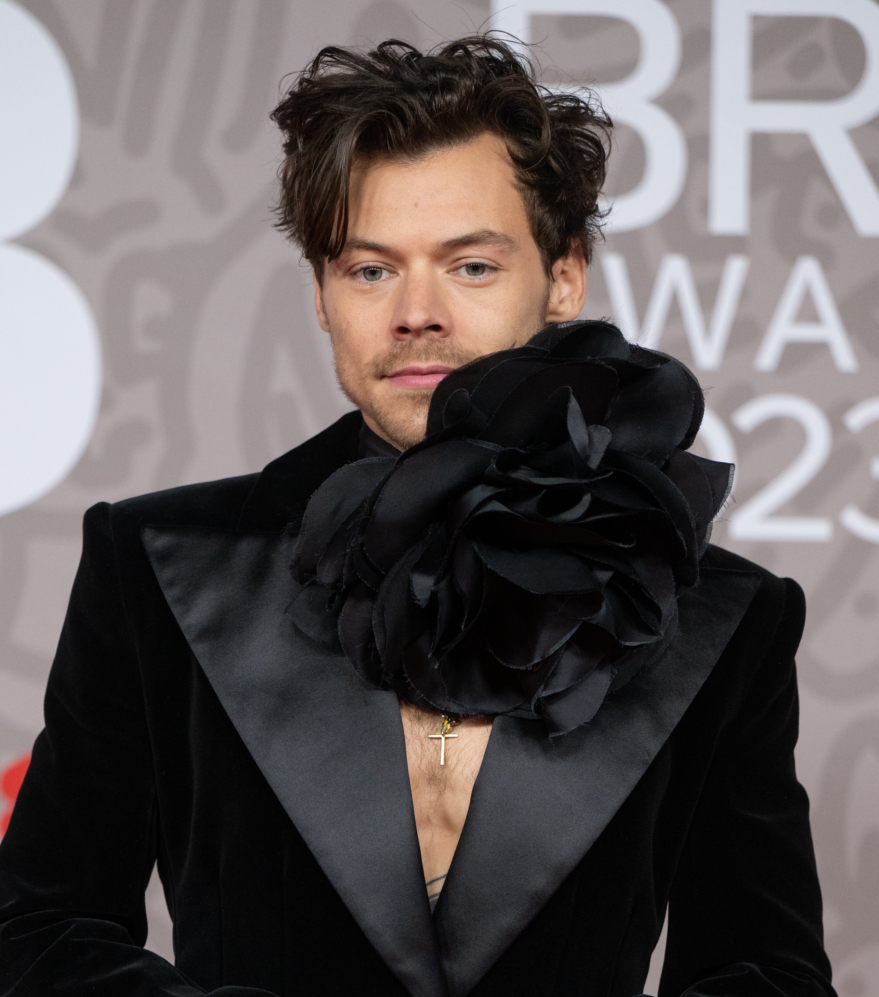 Harry Styles successful  a velvet suit   with a ample  floral accessory attends a ceremonial  event