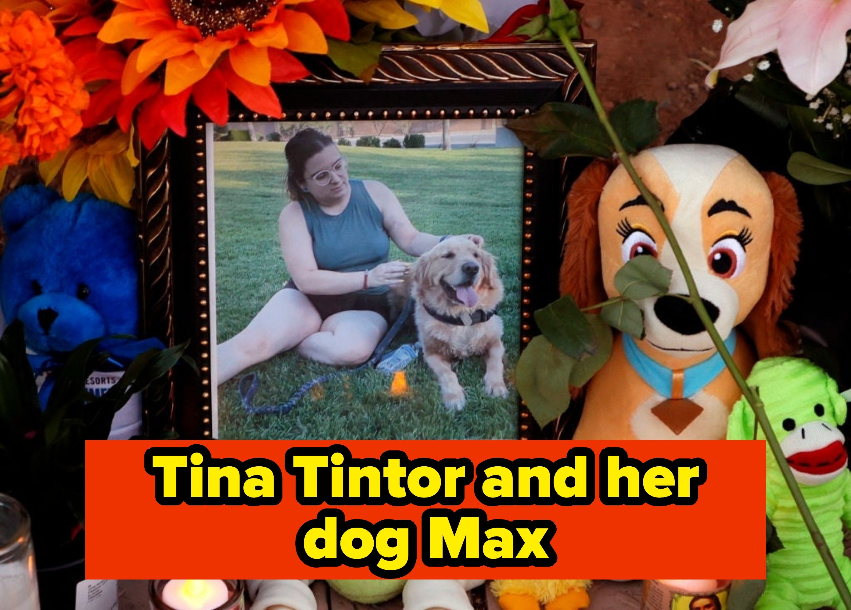 A memorial with a photograph  of a idiosyncratic   sitting with a dog, surrounded by flowers, toys, and candles, suggesting a tribute oregon  remembrance