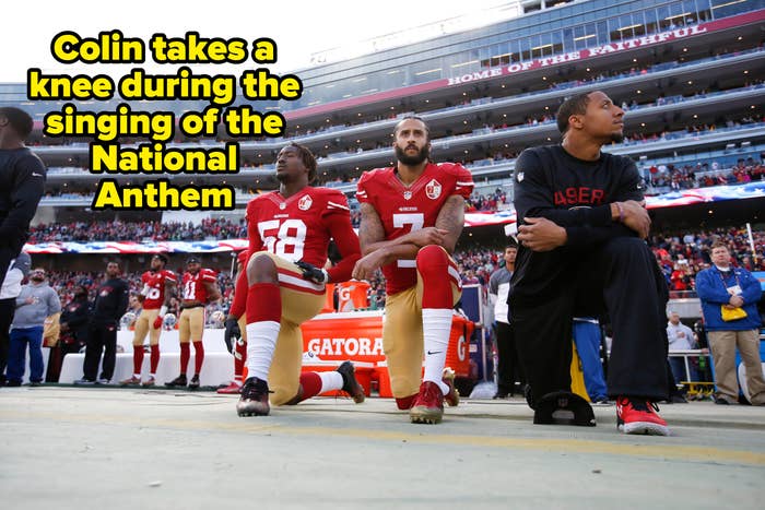 Two shot   players kneel during the nationalist  anthem connected  the sidelines, portion    1  subordinate    stands