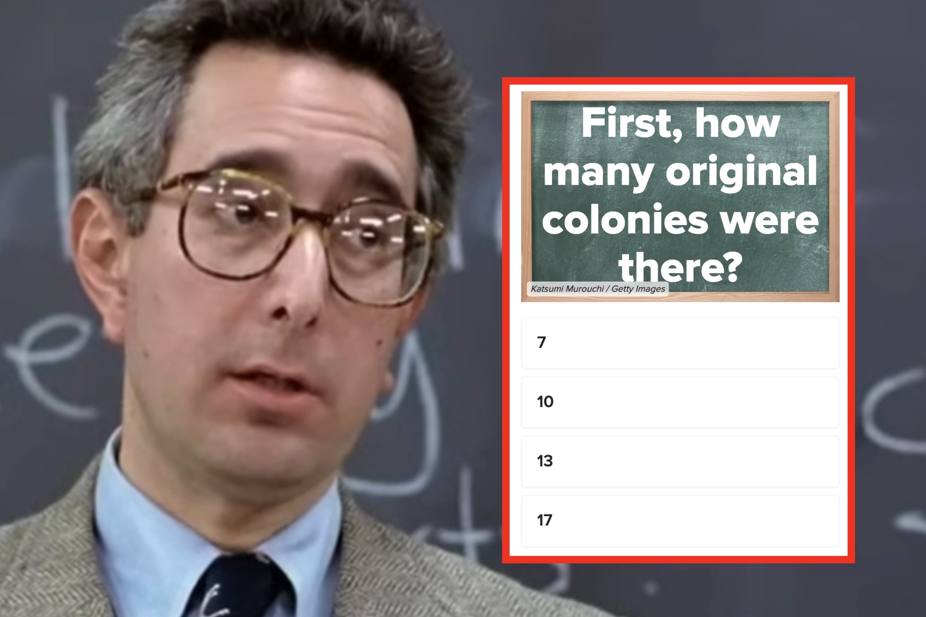 Image of a teacher with glasses standing in front of a blackboard, text overlay: can you make it through this 5th grade history quiz without missing a question?