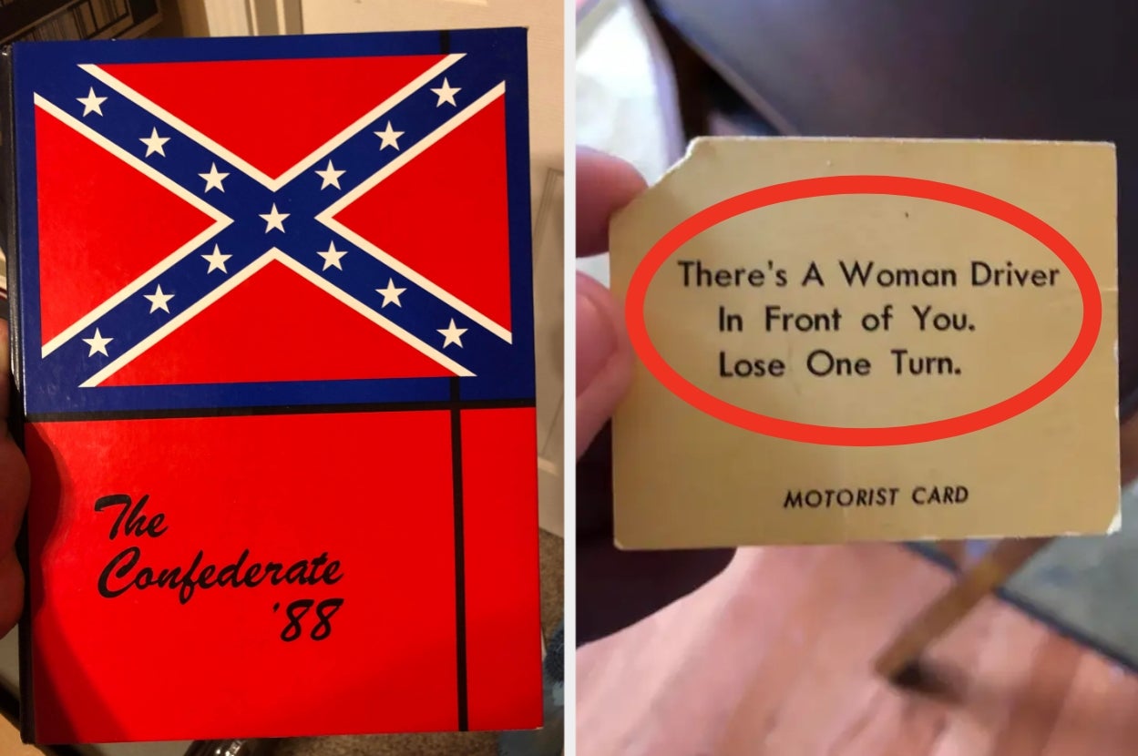 Left: Yearbook with Confederate flag and "The Confederate '88." Right: Game card reads, "There's A Woman Driver In Front of You. Lose One Turn"