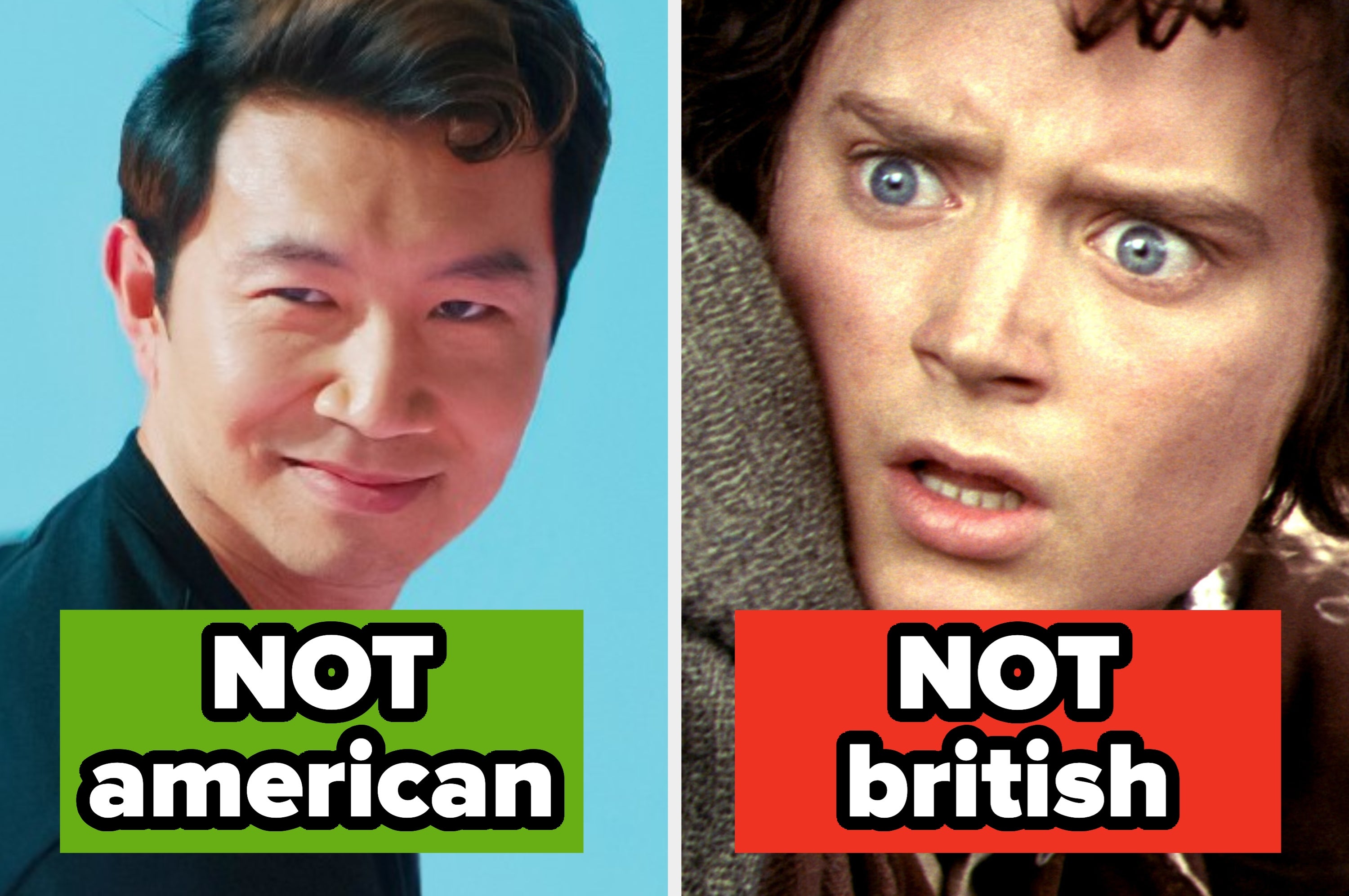 Simu Liu smirks in Barbie on the left, while Elijah Wood looks shocked in The Lord of the Rings