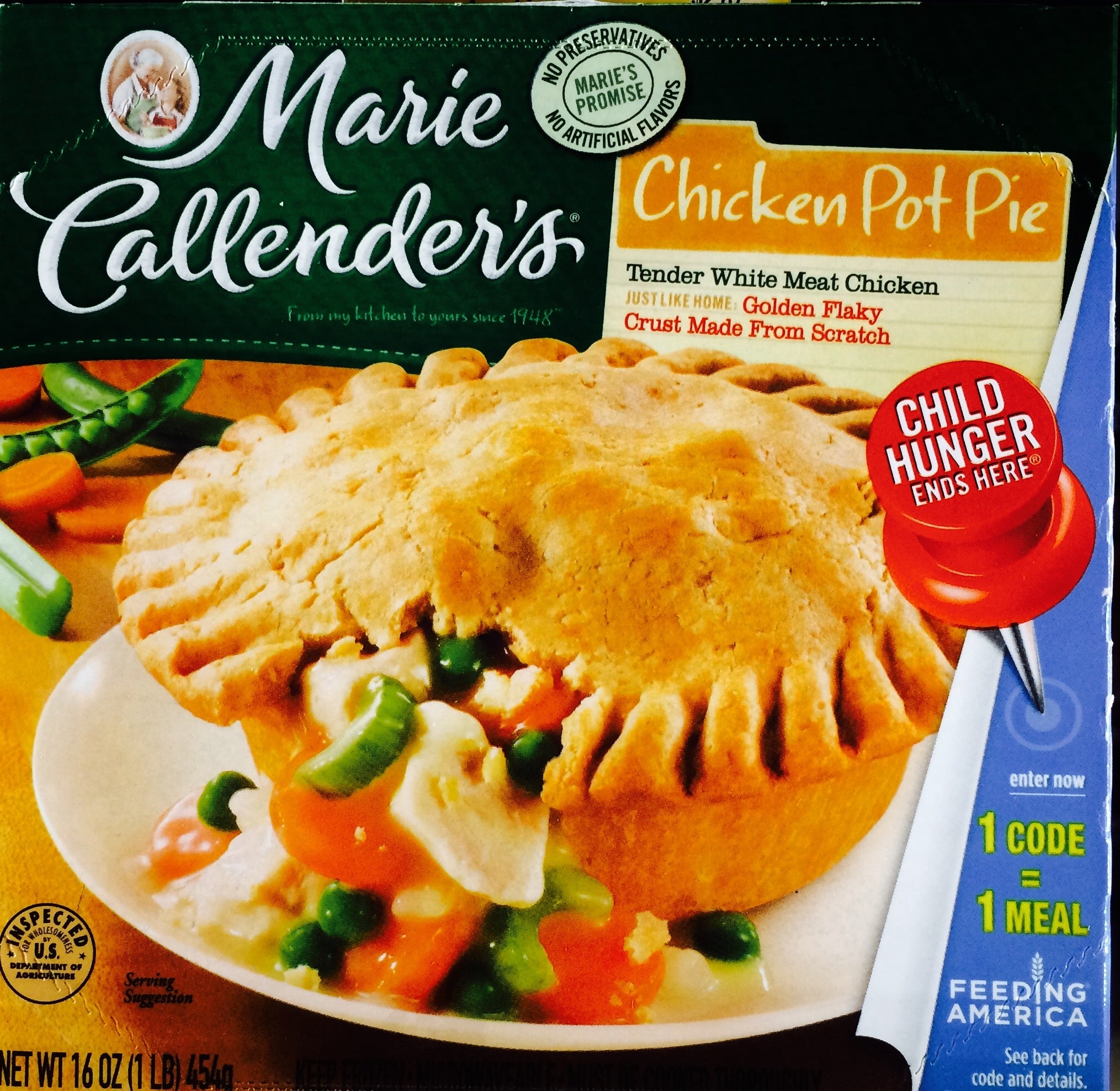 Marie Callender's Chicken Pot Pie packaging featuring a photograph  of a cookware  pie, with notes connected  ingredients and a "Child Hunger Ends Here" run  mention