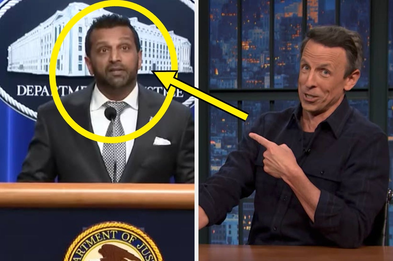 Split image: Left, unidentified man speaks at Department of Justice podium. Right, talk show host gestures towards image on a show set