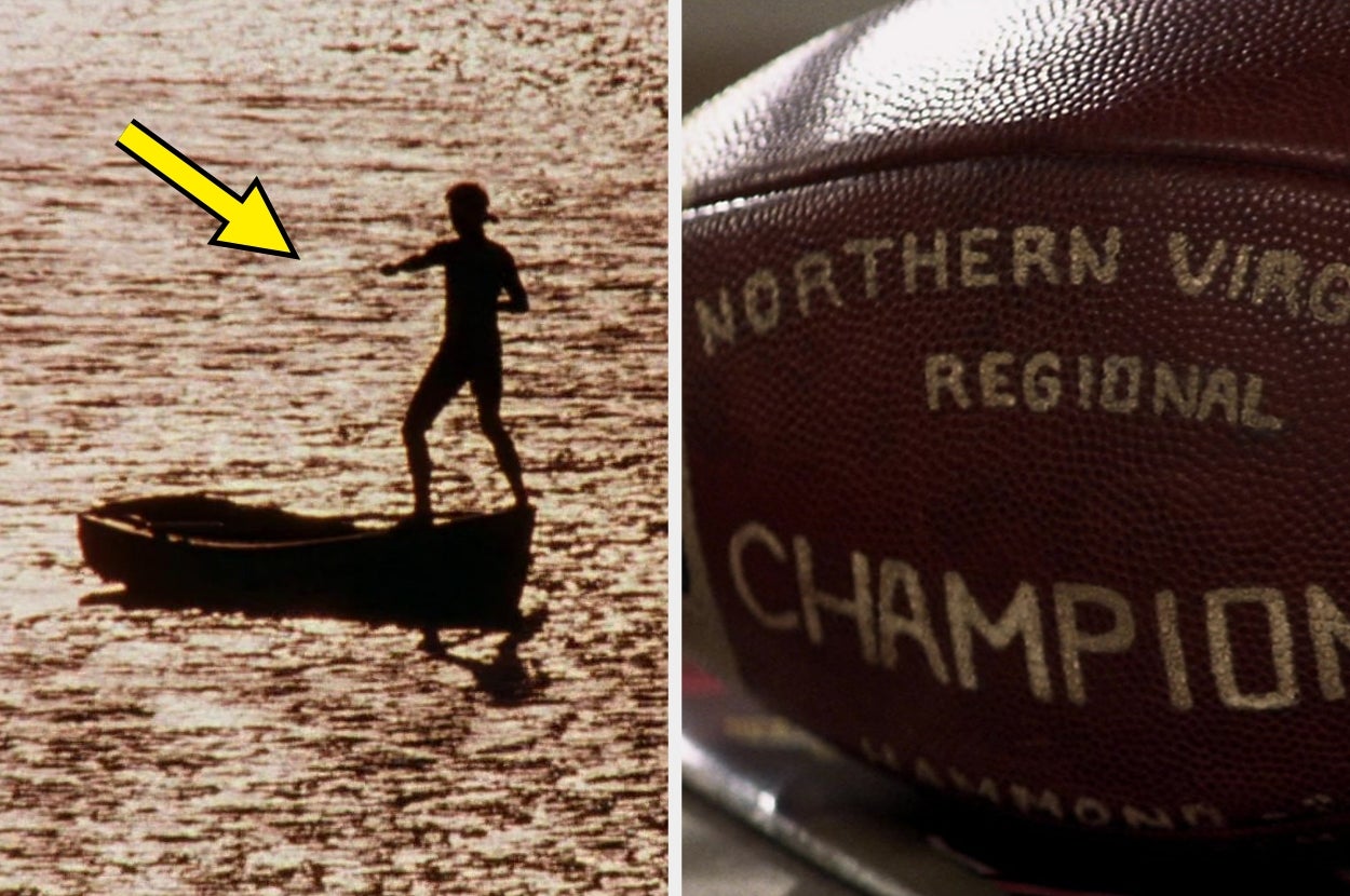 Silhouette of a person on a boat at sunset; close-up of a football labeled "Northern Virginia Regional Champion."