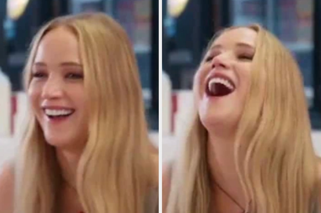 Two side-by-side images of a woman with long hair, smiling and laughing openly. Her expression conveys joy and amusement