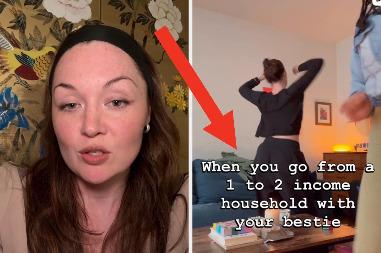 Two images: a person talking with floral wallpaper background, and a fun moment showing dancing with the text "When you go from a 1 to 2 income household with your bestie."