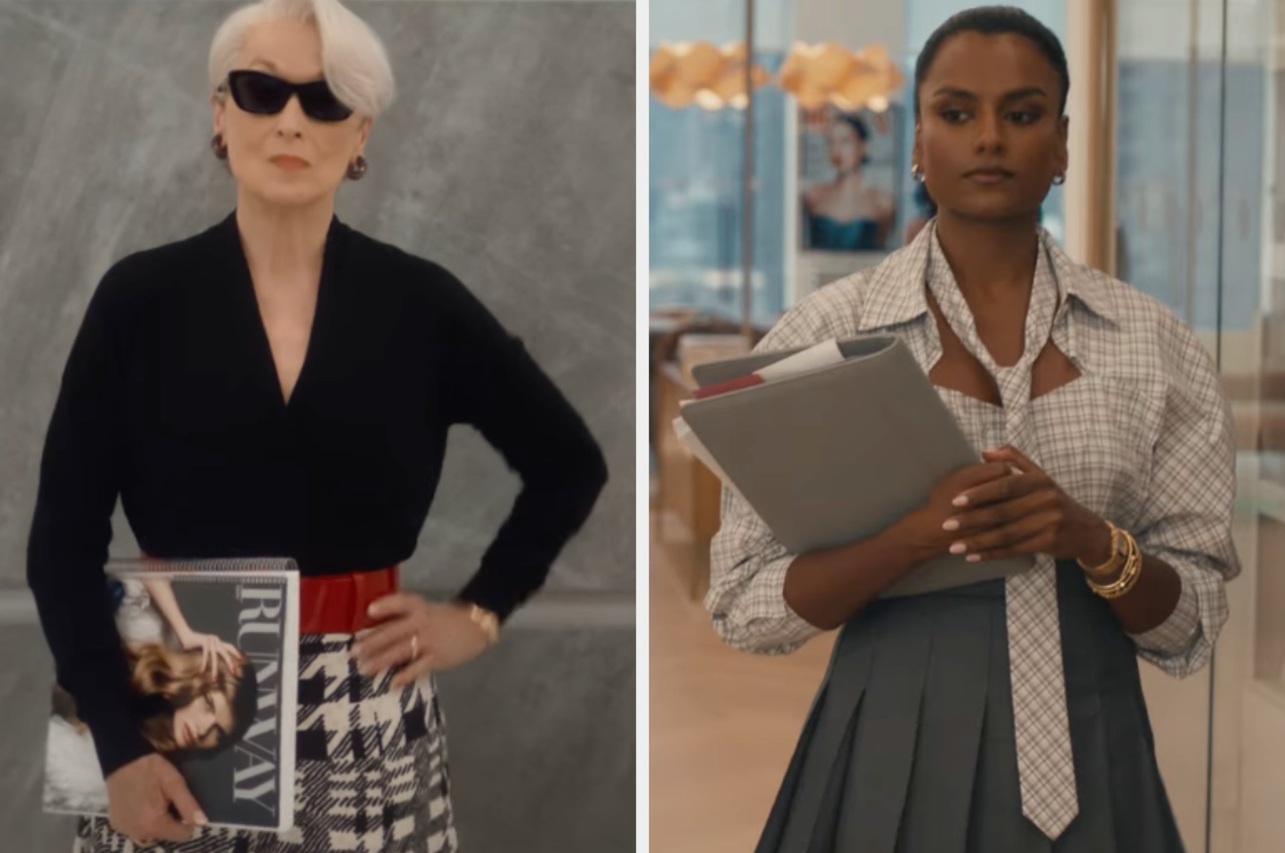 Two women are depicted. On the left, one wears sunglasses, a black sweater, and a plaid skirt, holding a magazine. On the right, the other wears a checkered shirt with a loose tie, holding folders