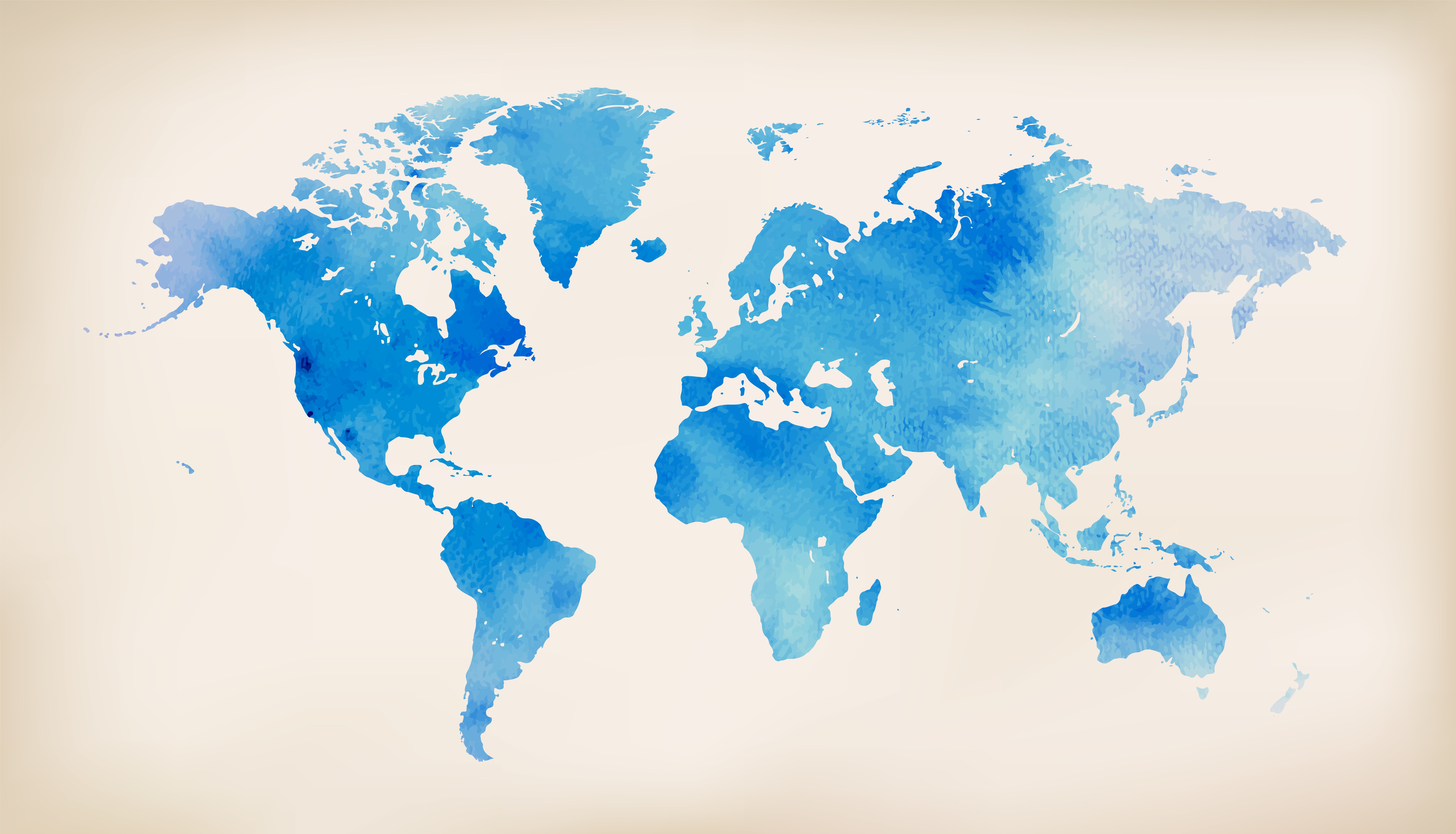 Watercolor illustration of a world map showing all continents, depicted in varying shades
