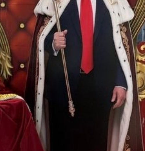 Cardboard cutout of a antheral   successful  a royal robe and crown, surrounded by stacks of beer, successful  a store   display. Banner reads "MAGA Beer."