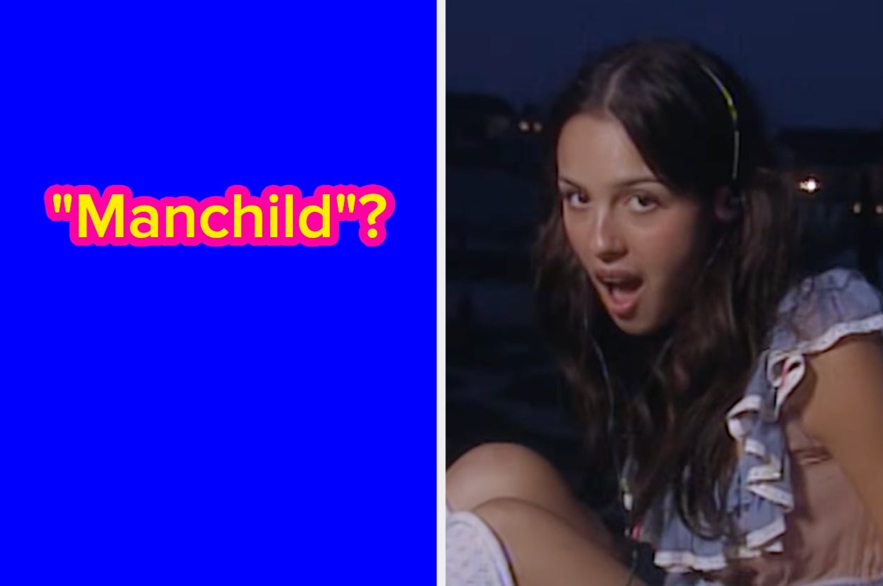 Image split: Left side with the word "Manchild?" in a large font. Right side shows a surprised person with headphones