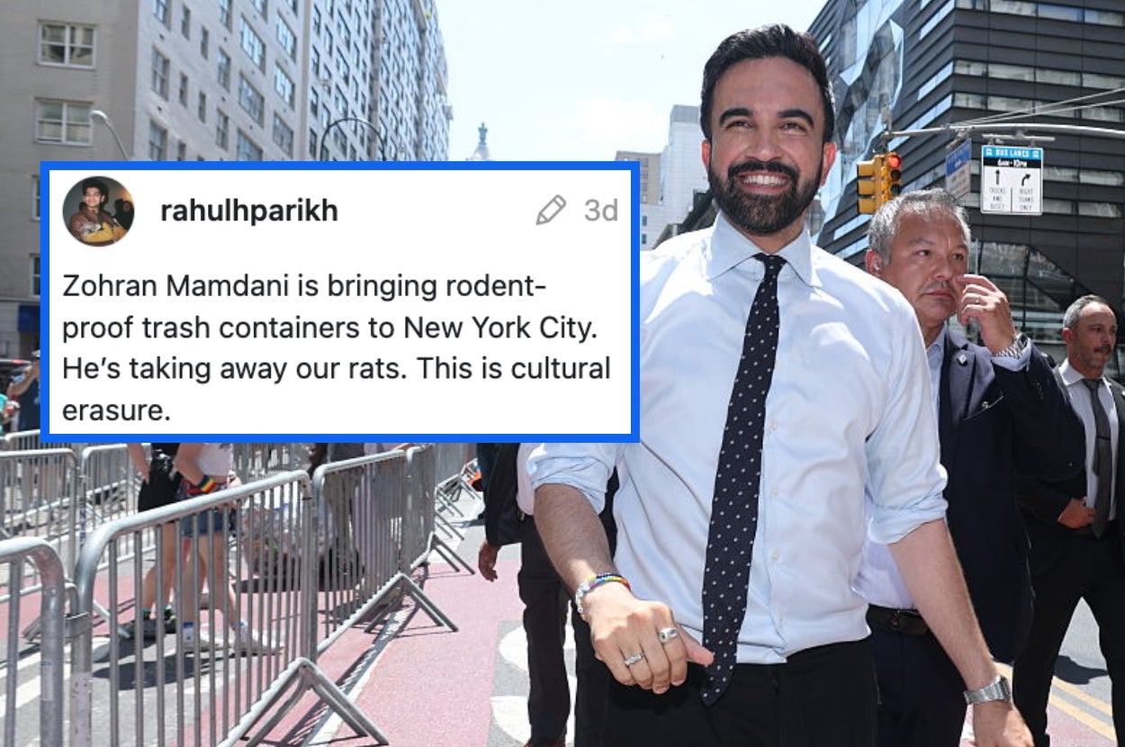 A man in a suit smiles while walking on a city street. Text overlay humorously comments on rodent-proof trash containers in New York City
