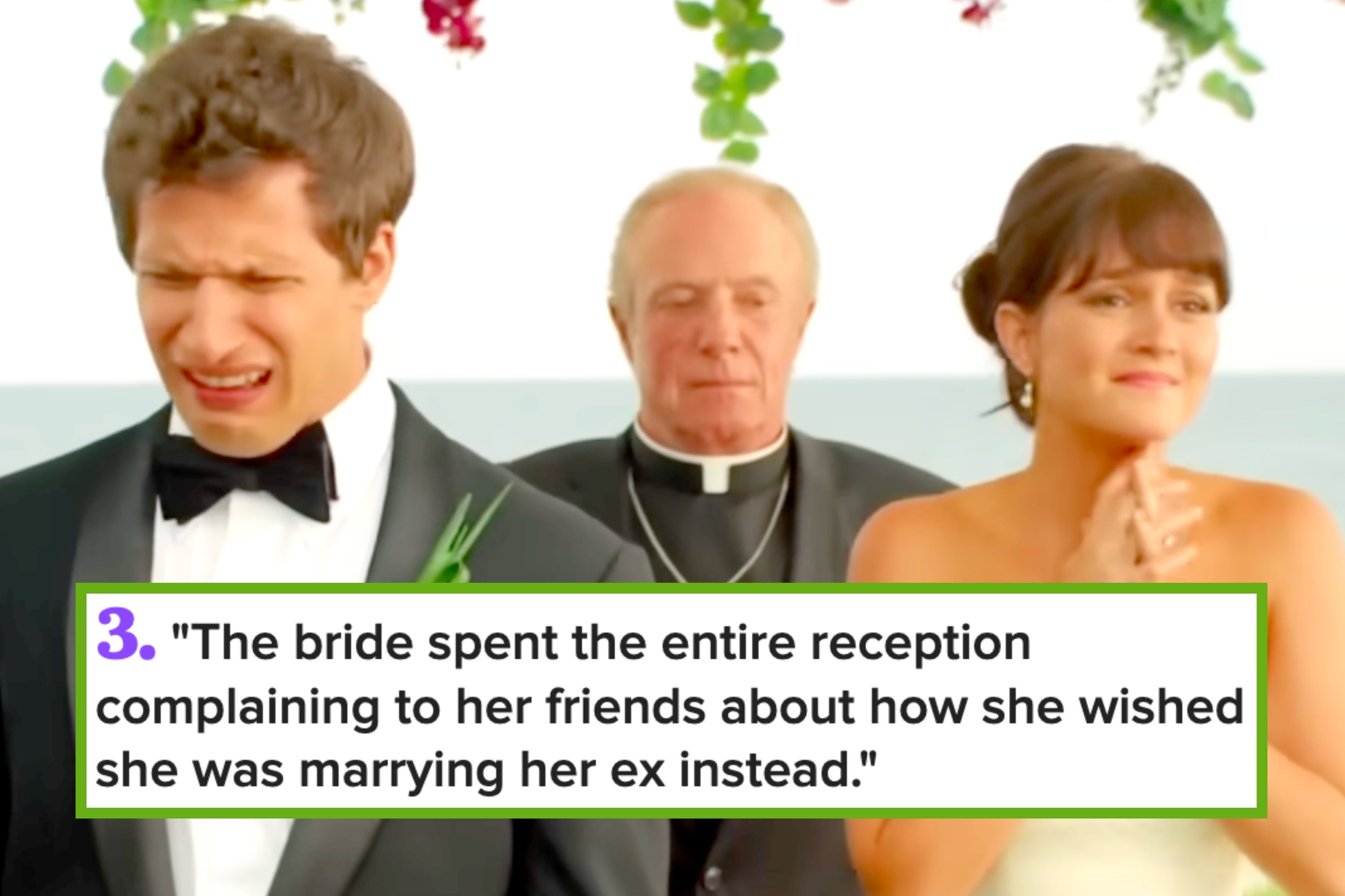 A couple stands at an outdoor wedding altar with a priest. The groom in a tuxedo looks nervous, while the bride appears excited and emotional