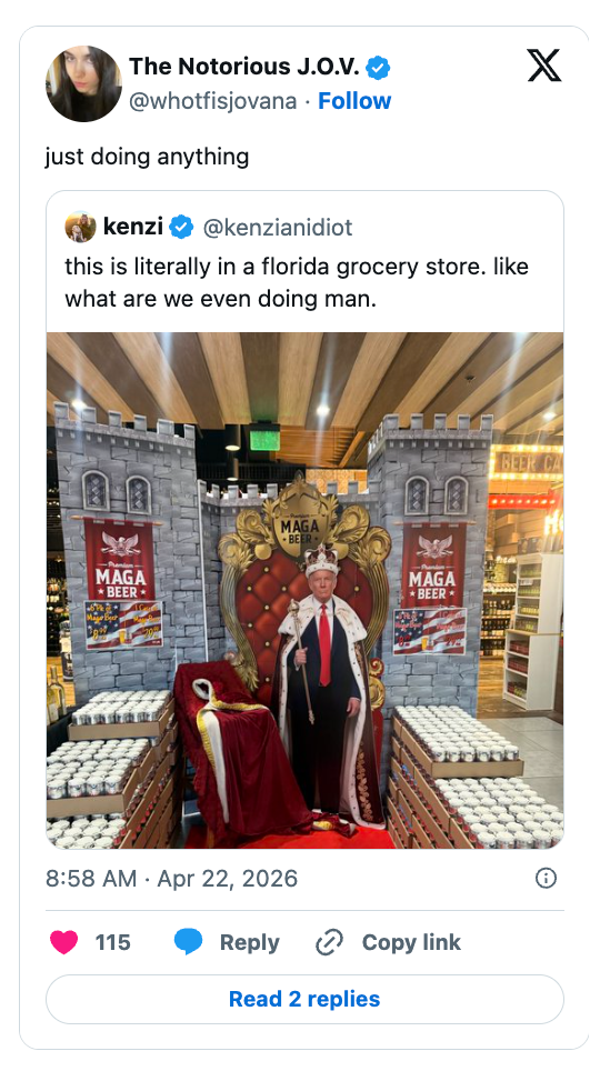 Cardboard cutout of a antheral   connected  a throne successful  a market  store   show  surrounded by brew  boxes. Social media station  with humorous commentary