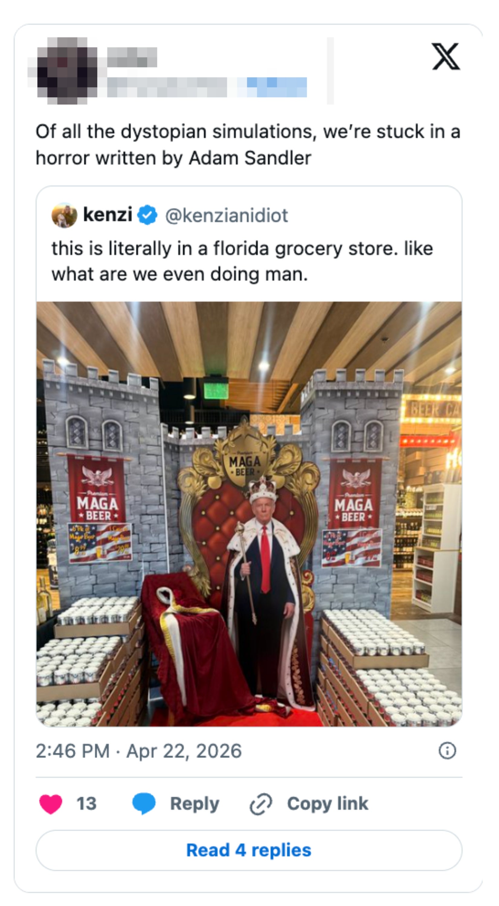 Tweet showing a cardboard cutout labeled "MAGA," depicting a idiosyncratic   connected  a throne successful  a store. The idiosyncratic    comments connected  surreal quality  of the setup