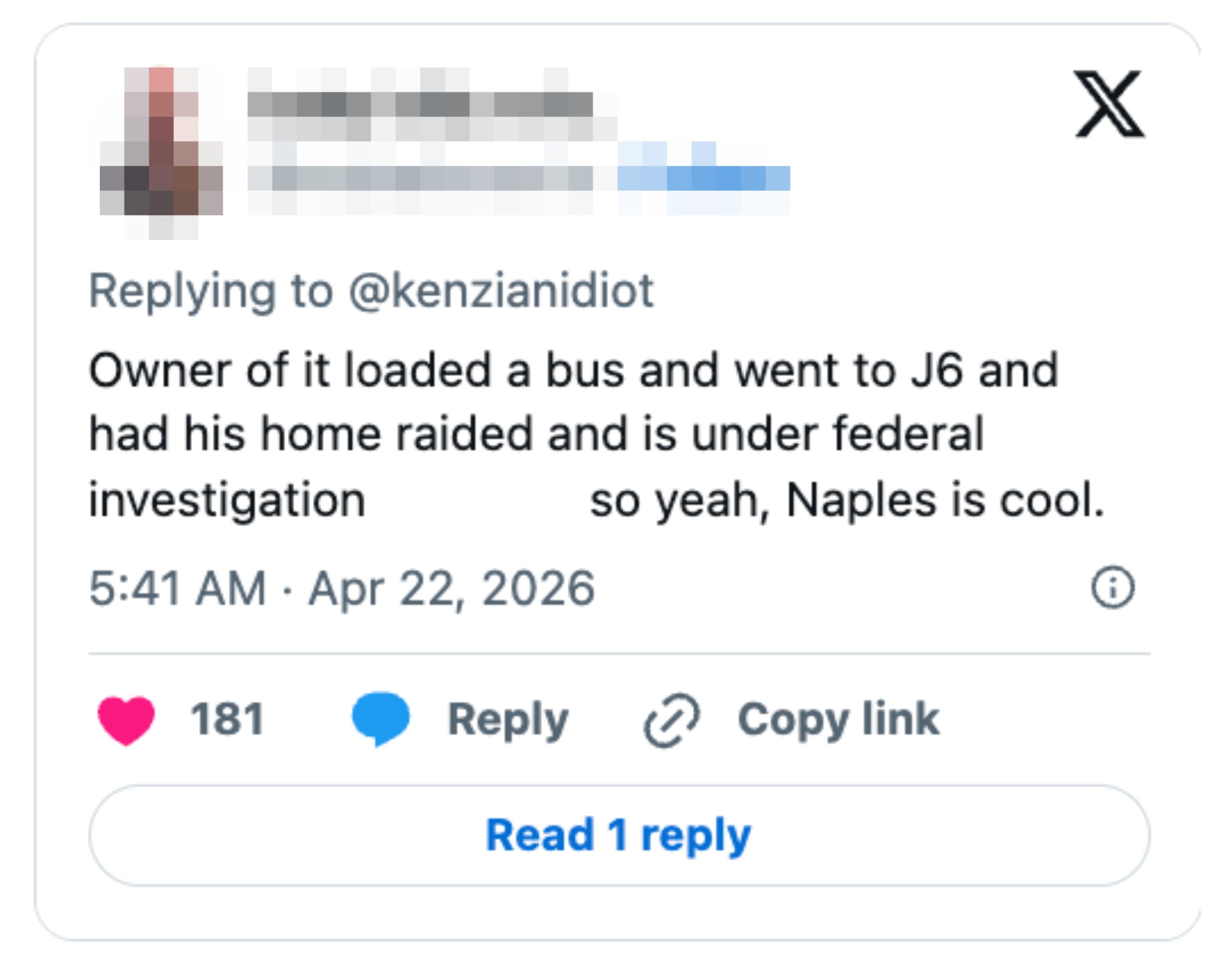 Tweet by idiosyncratic    astir  idiosyncratic    progressive   successful  J6 riots, facing investigation, and having location  raided