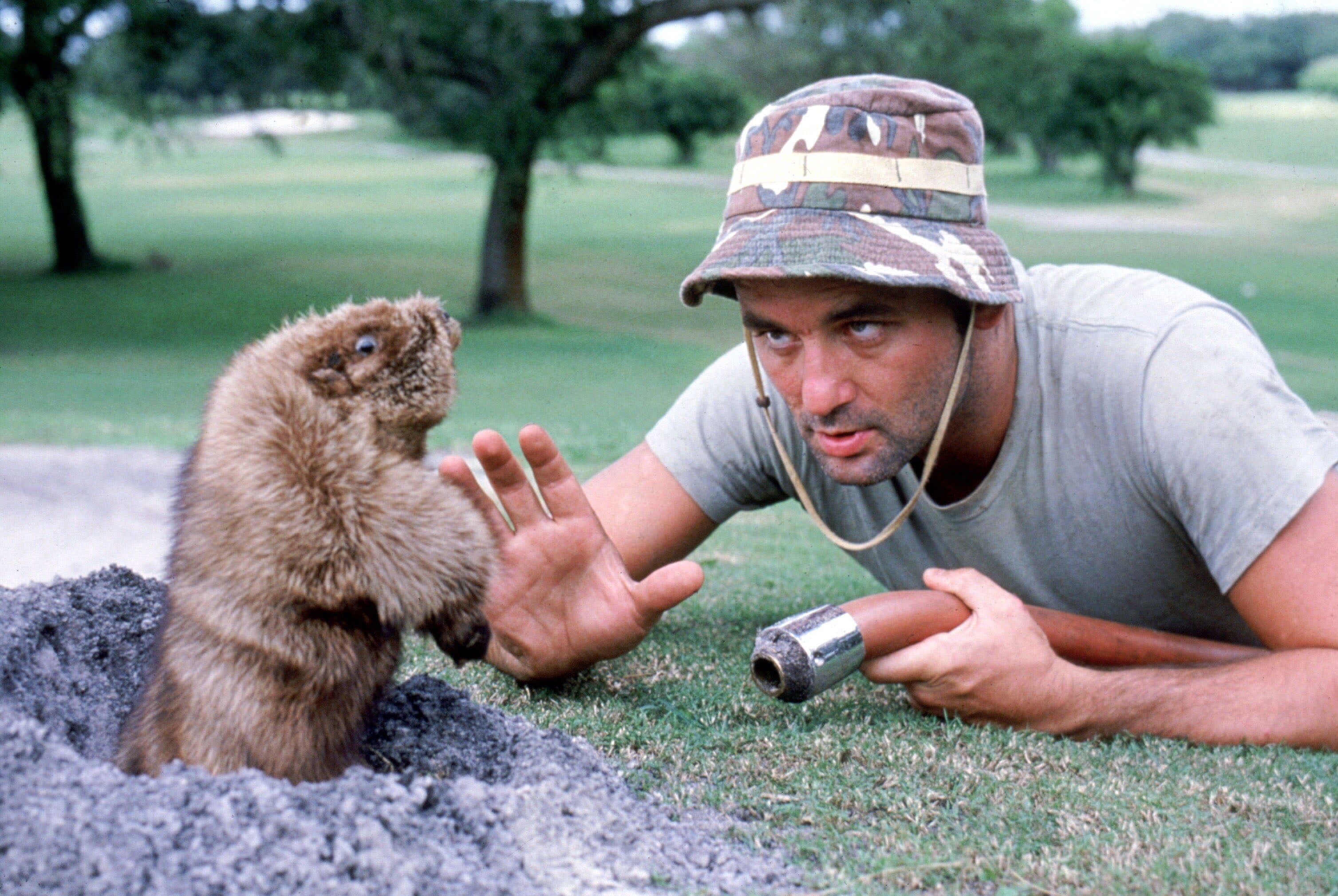 Man in casual outfit lies on grass, interacting playfully with a gopher emerging from a hole, holding a tool in hand