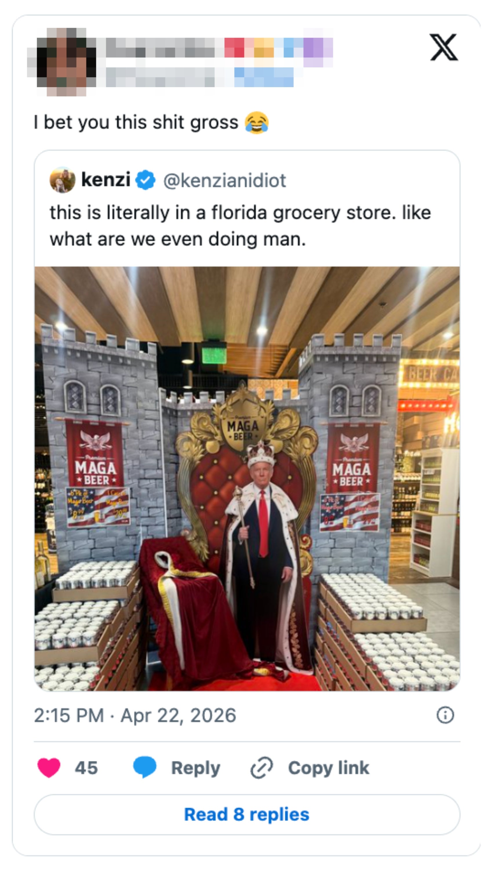 Social media station  showing a market  store   show  with a cutout of a nationalist   fig  connected  a throne surrounded by products. Text expresses surprise