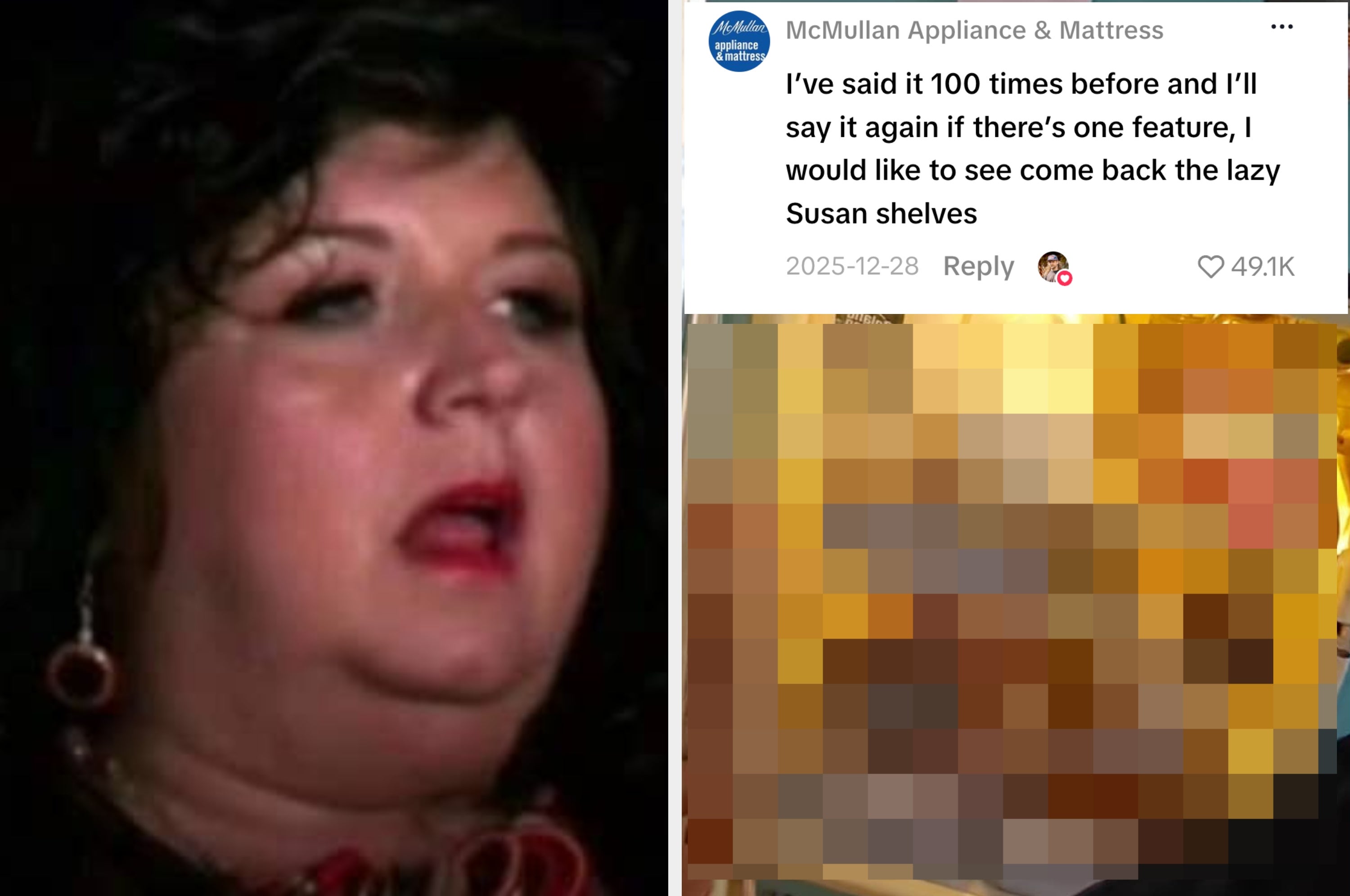 A surprised woman is next to a fridge full of various items. A comment suggests bringing back Lazy Susan shelves in refrigerators