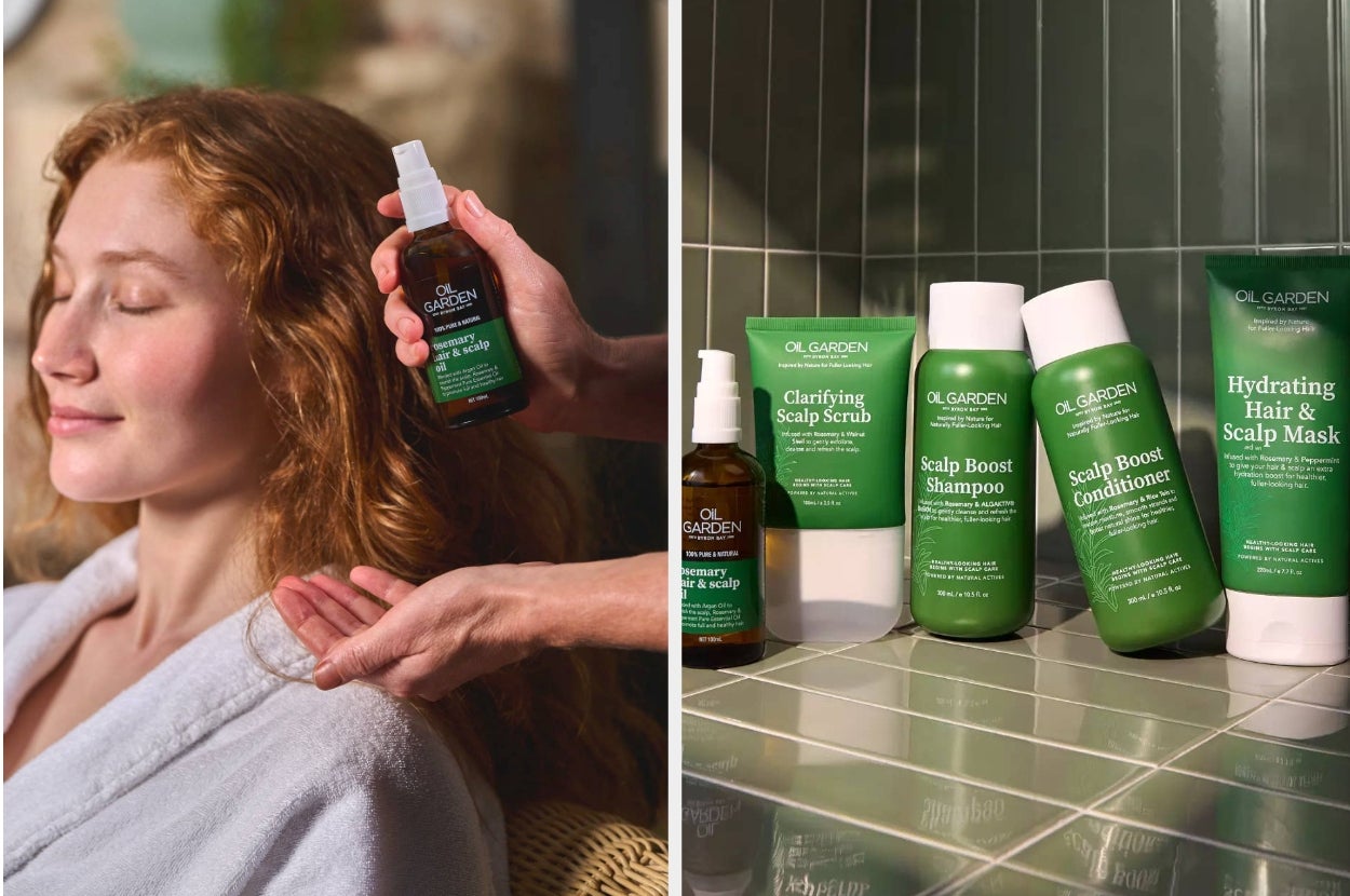 Woman in a spa robe enjoys a scalp treatment. Right, five green bottles of Oil Garden hair care products on a tiled surface