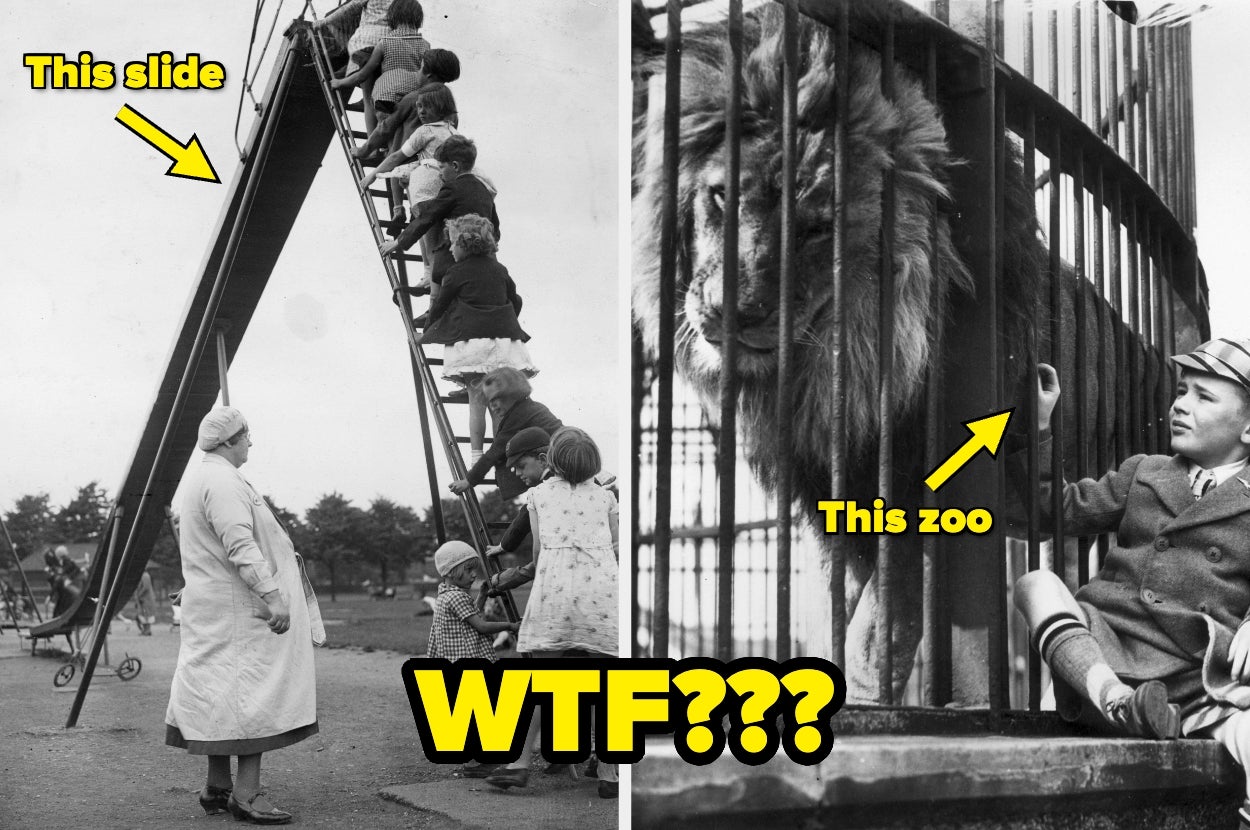 Two vintage photos: One of children on a steep slide supervised by a woman; another of a man petting a lion through zoo bars. Text reads "This slide" and "This zoo"