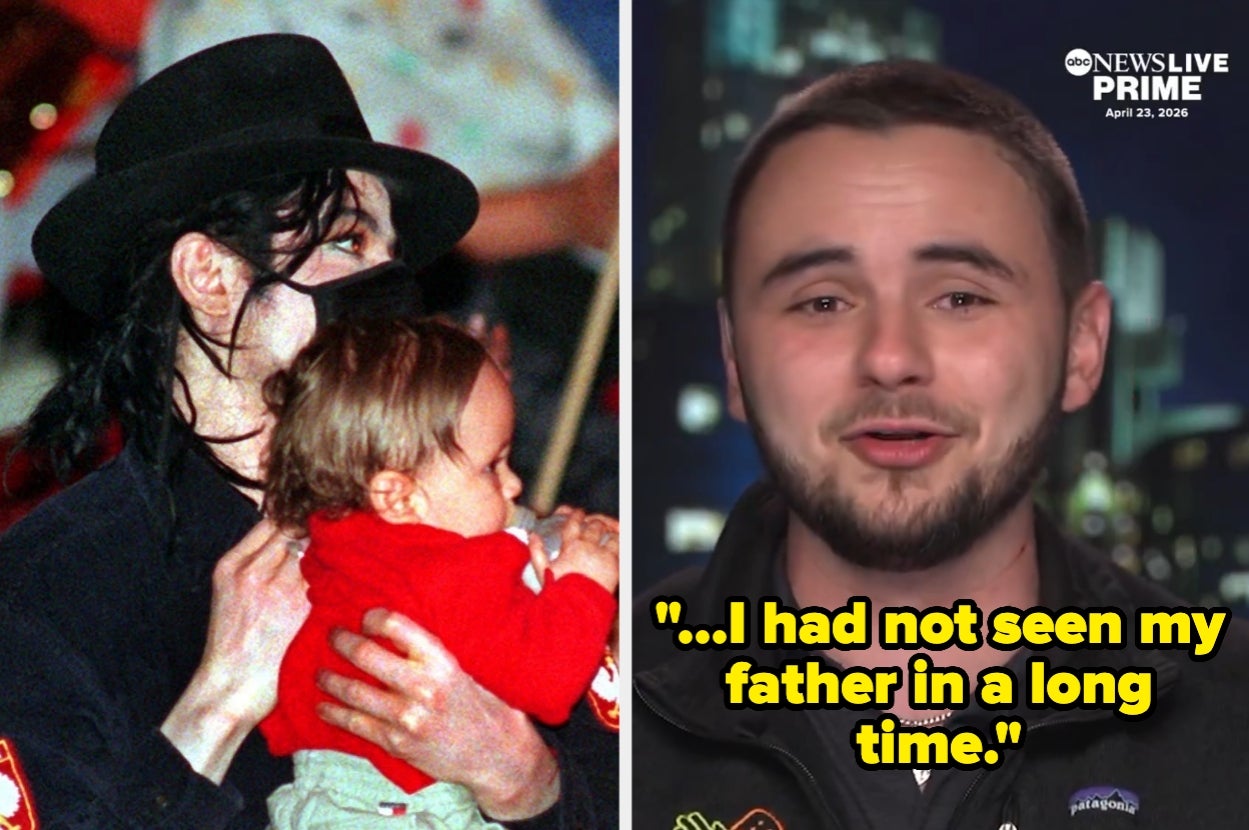 Split image: on the left, a person in a hat holding a child; on the right, a young man with facial hair speaking on TV