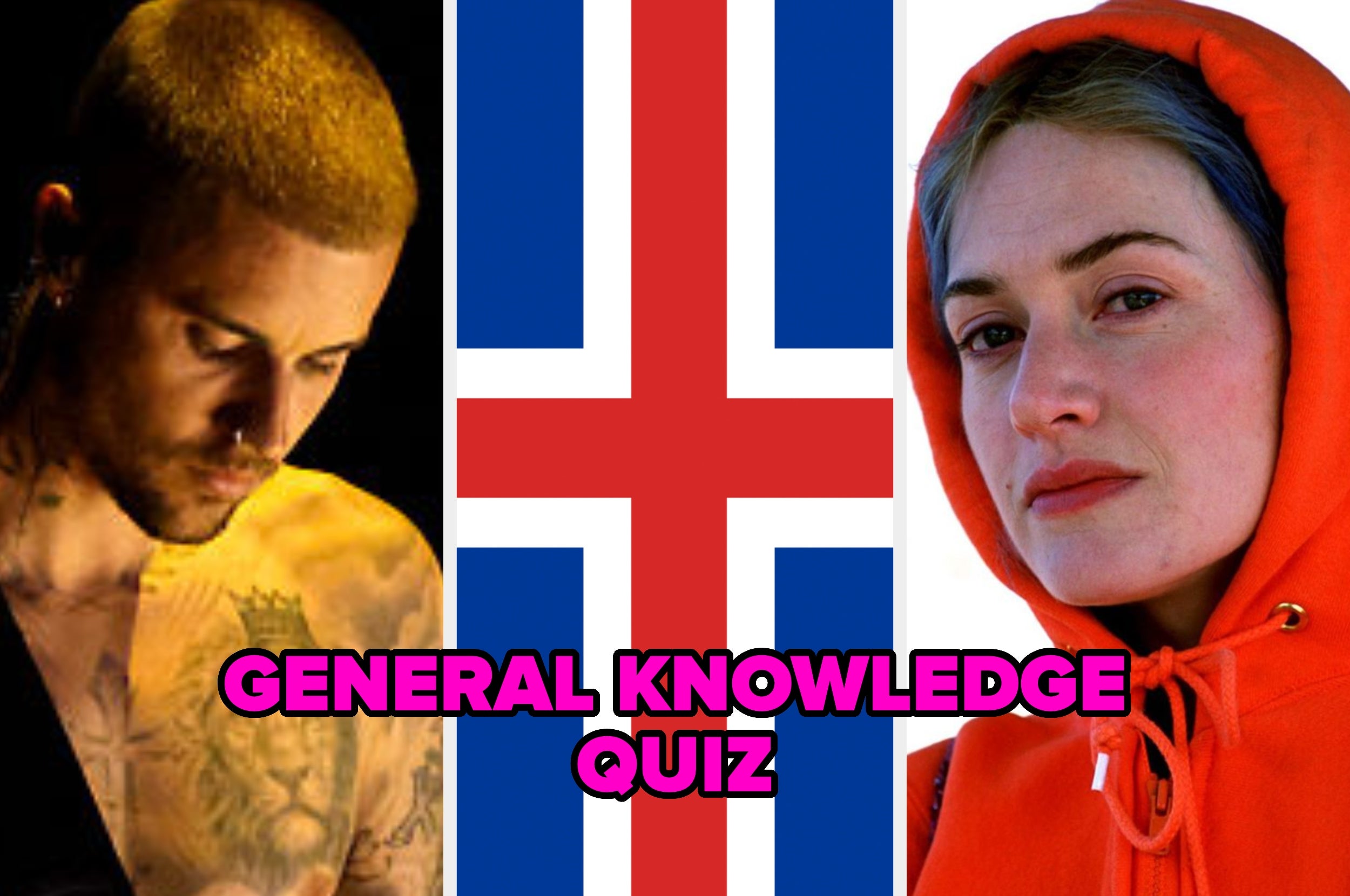 A person with tattoos, the Iceland flag, and a person in an orange hoodie are featured above text: "General Knowledge Quiz."