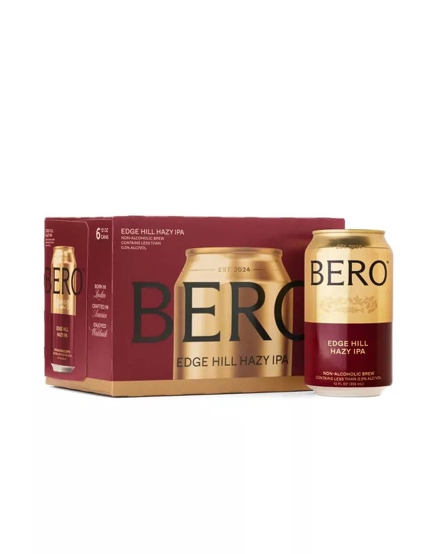 A six-pack of Bero Edge Hill Hazy IPA with one can displayed outside the packaging
