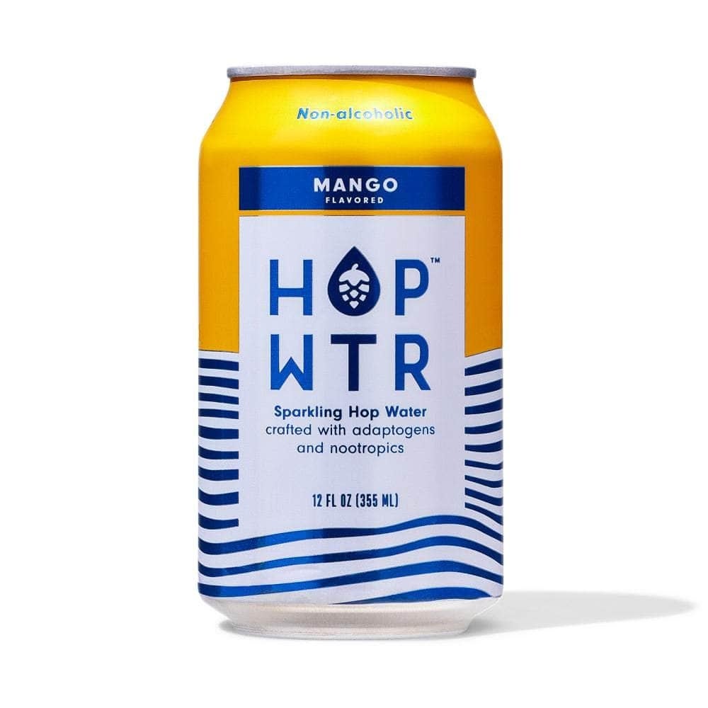 Can of HOP WTR mango-flavored sparkling hop water with adaptogens and nootropics, labeled non-alcoholic