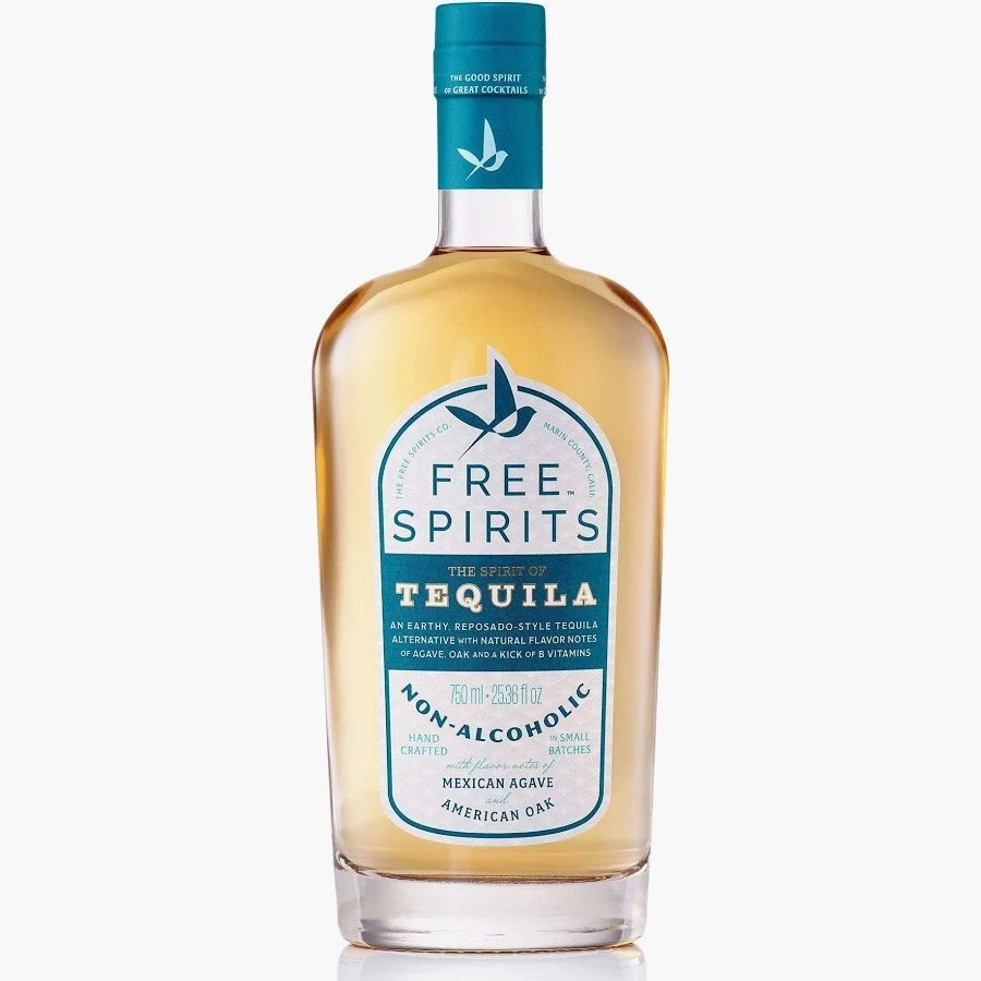 A bottle of Free Spirits non-alcoholic tequila, featuring notes of Mexican agave and American oak