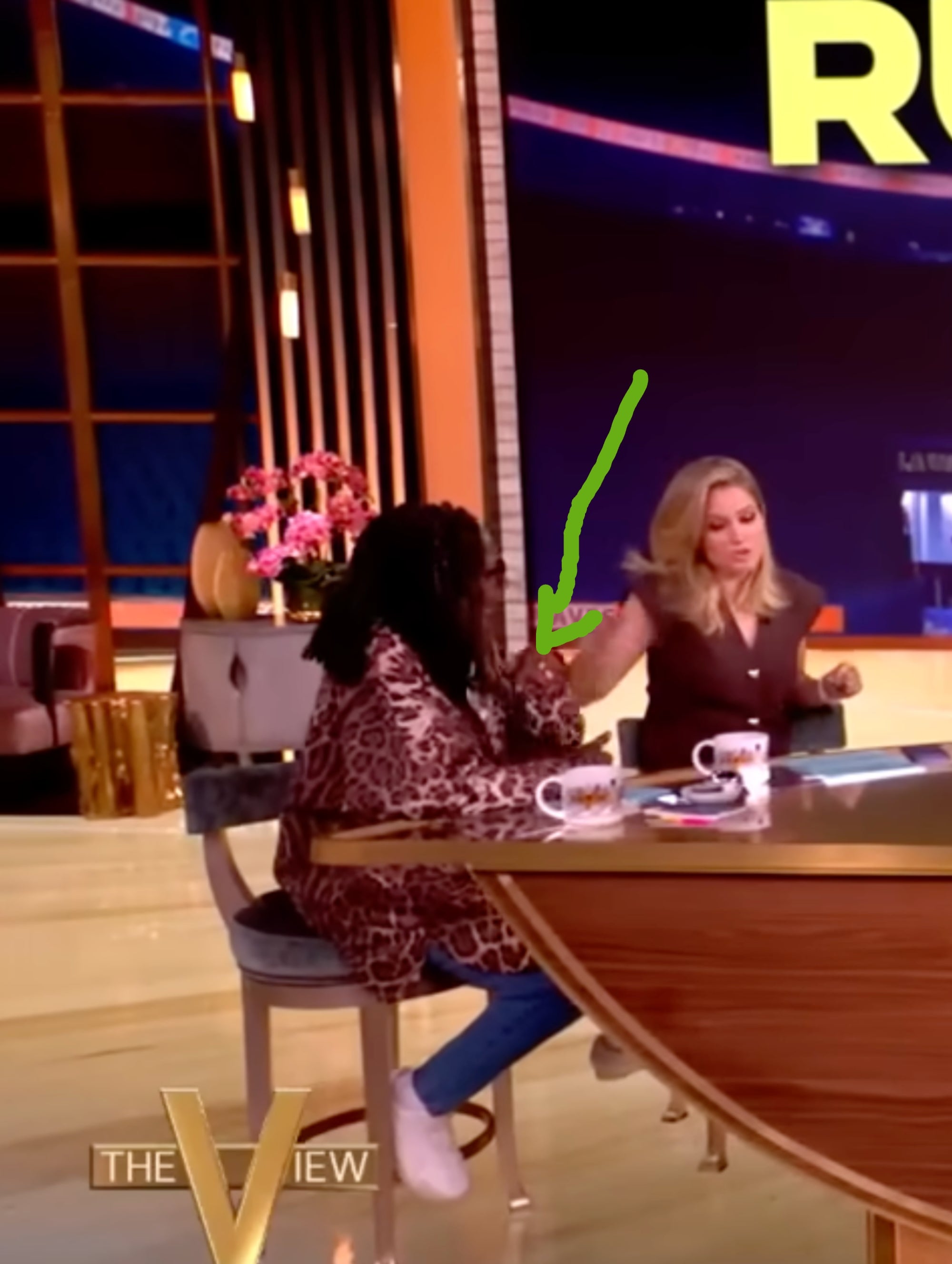 Two hosts sitting and conversing connected  a speech   amusement   acceptable   with mugs and notes connected  the table