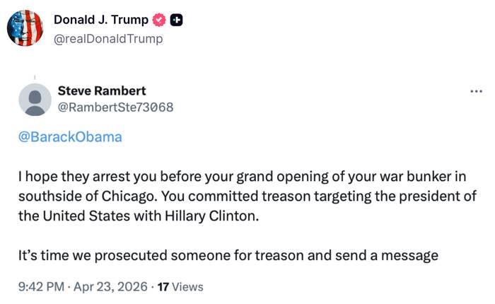 Tweet from Steve Rambert accusing Barack Obama of treason and calling for prosecution, dated April 23, 2026