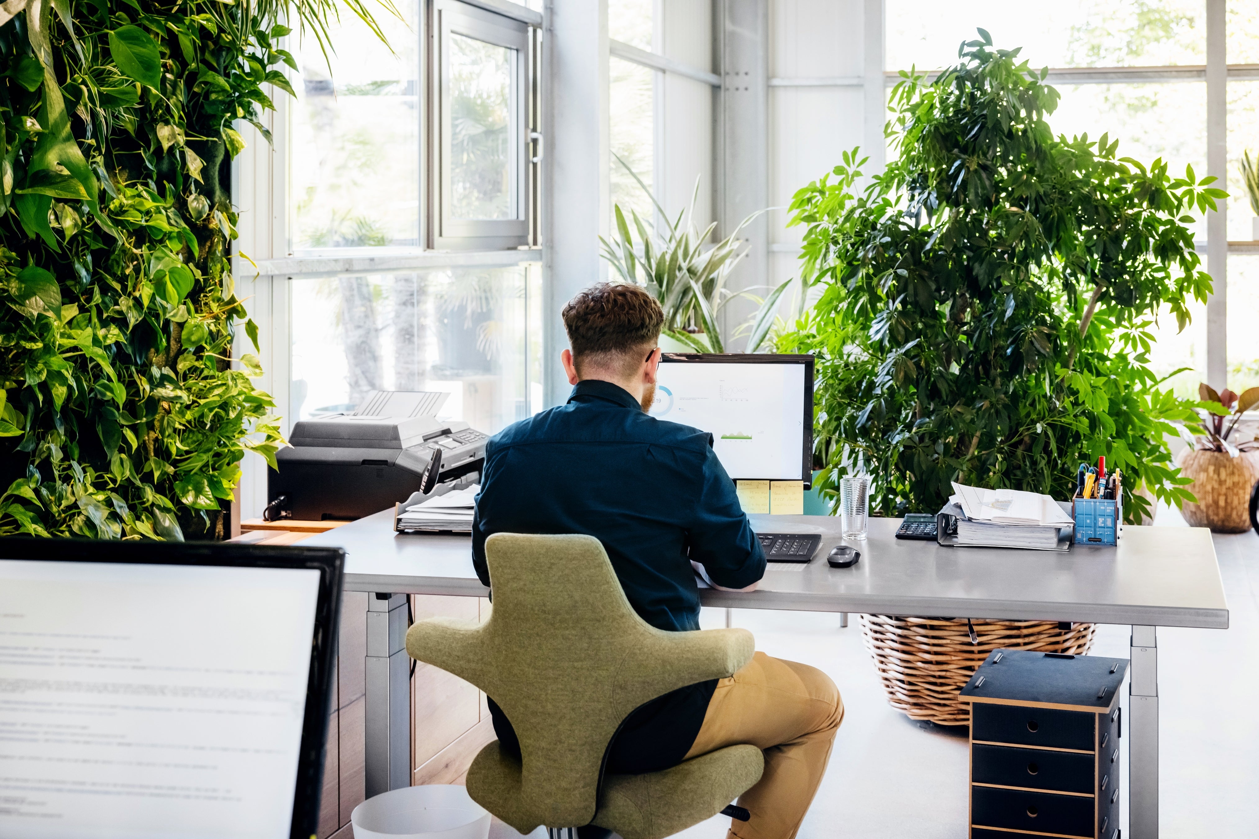 Person successful  a modern   office, seated astatine  a table  with a computer, surrounded by plants and paperwork, viewed from behind