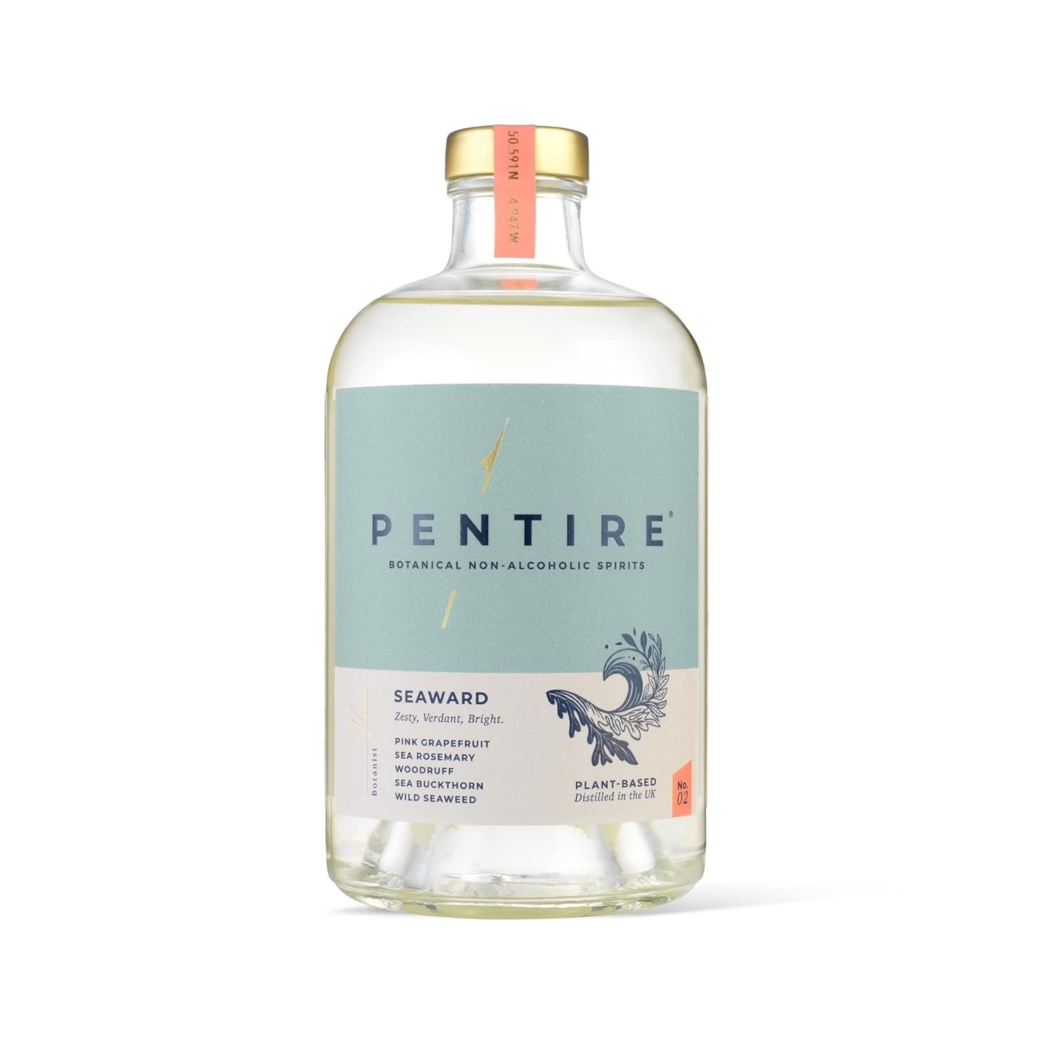 Pentire non-alcoholic spirit bottle labeled "Seaward" with botanical ingredients like pink grapefruit and sea rosemary